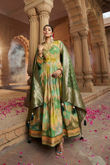 Womens Slate Green Color Cotton Silk Foil Print Party Wear Anarkali Flared Gown with Dupatta