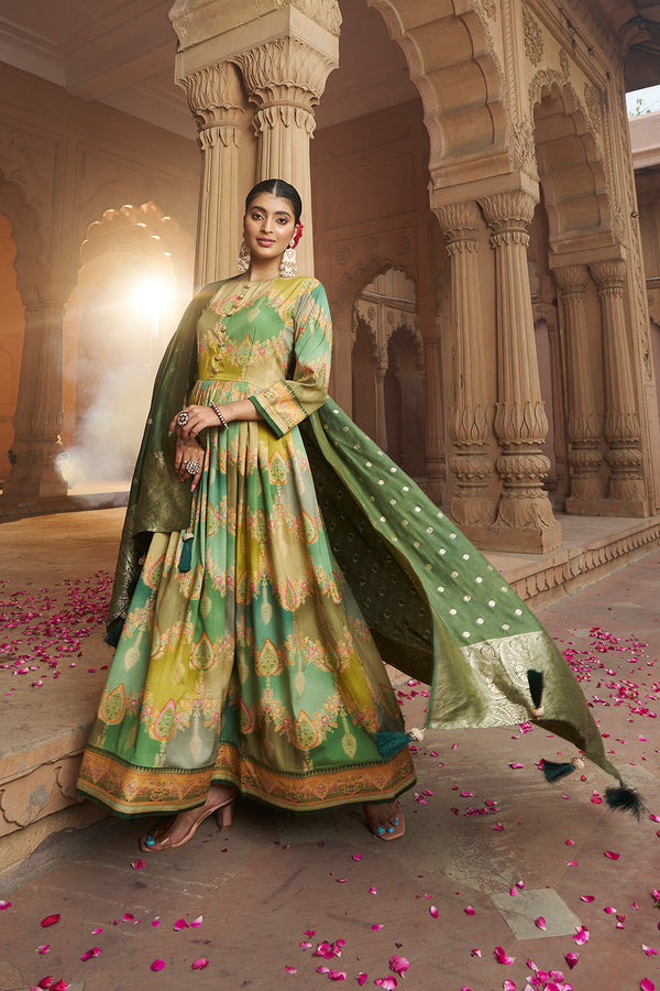 Womens Slate Green Color Cotton Silk Foil Print Party Wear Anarkali Flared Gown with Dupatta