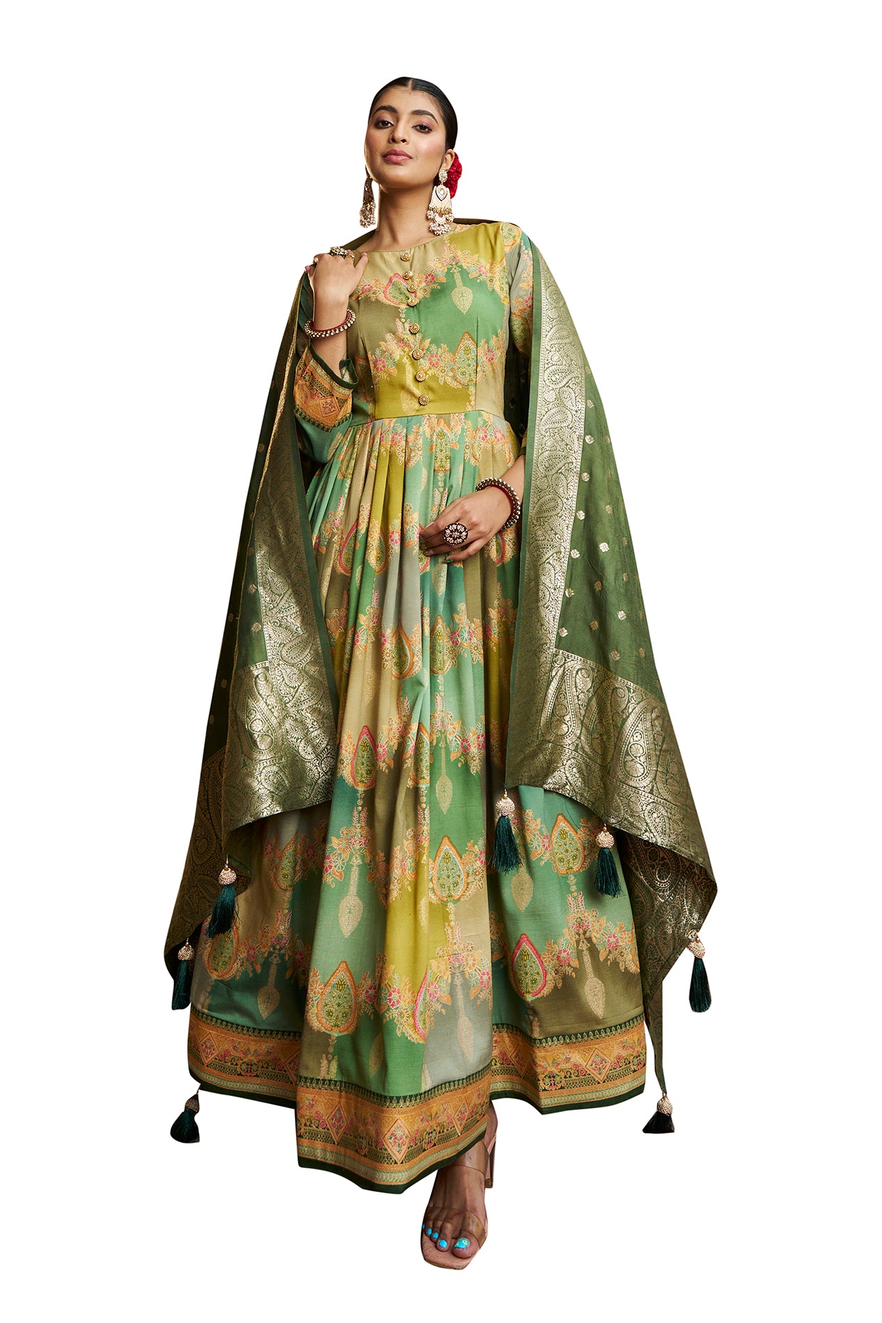 Womens Slate Green Color Cotton Silk Foil Print Party Wear Anarkali Flared Gown with Dupatta