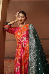 Womens Orange Color Cotton Silk Foil Print Party Wear Anarkali Flared Gown with Dupatta