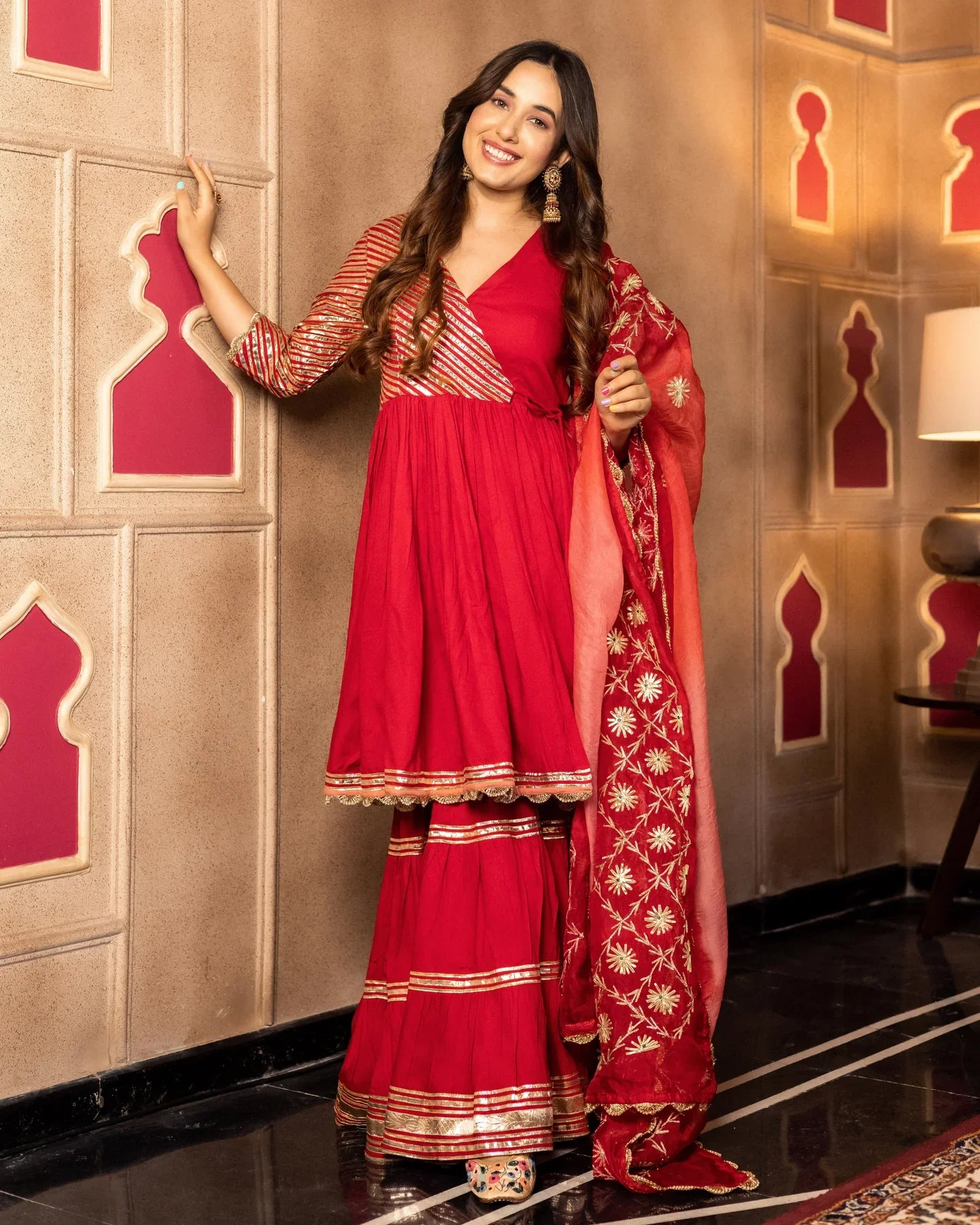 Readymade Rayon Red Angrakha Kurti Sharara With Dupatta