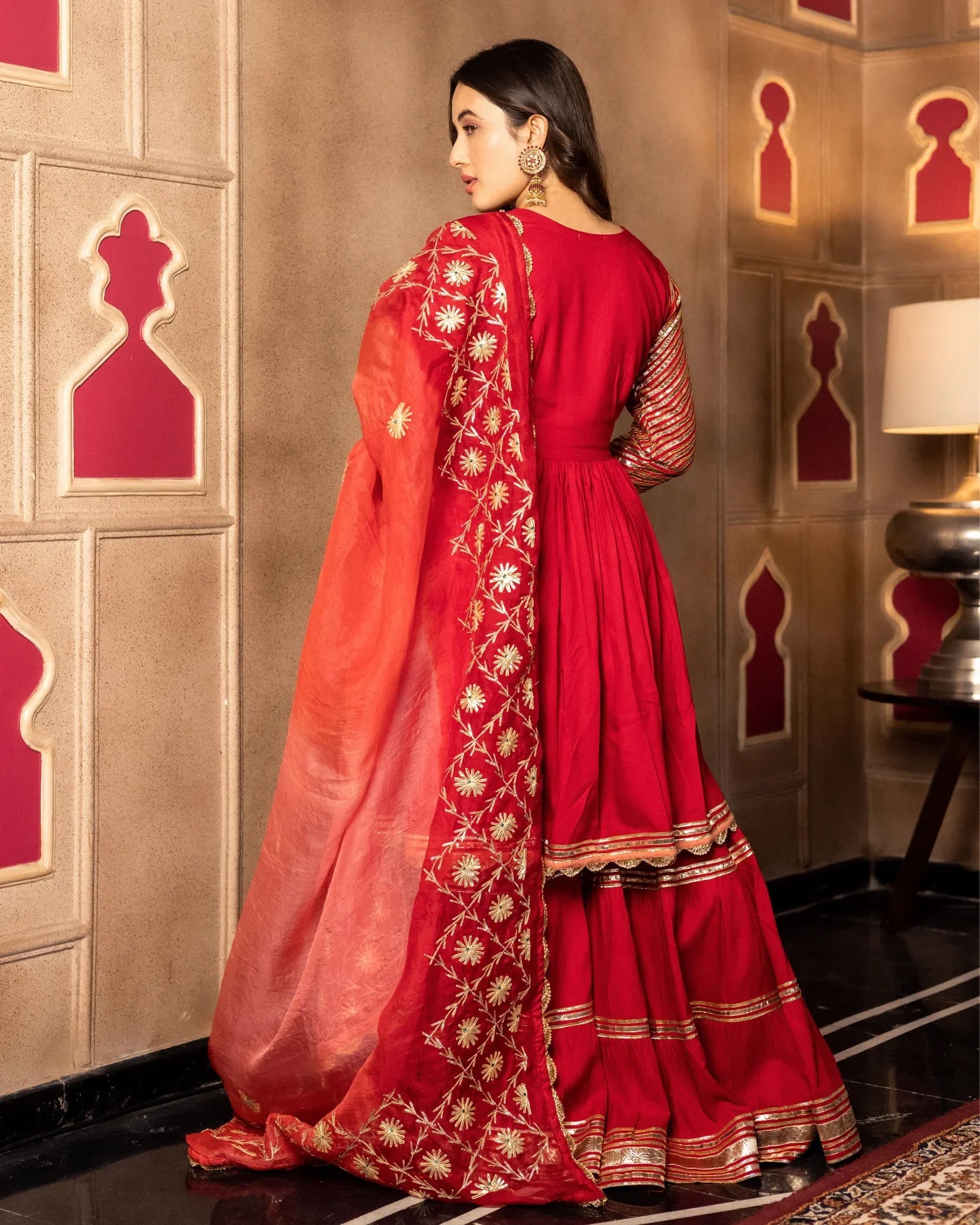 Readymade Rayon Red Angrakha Kurti Sharara With Dupatta