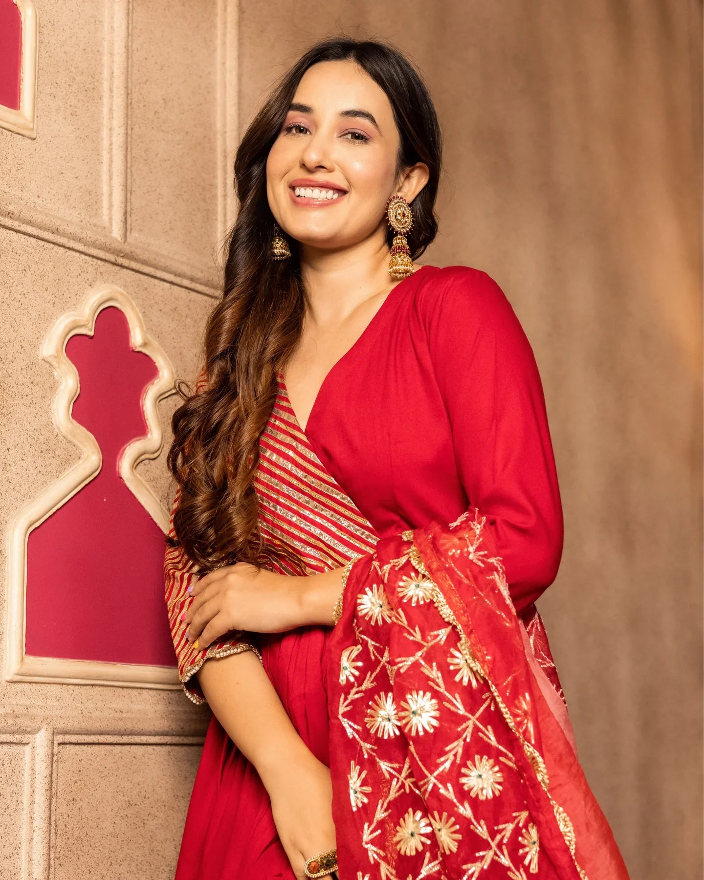 Readymade Rayon Red Angrakha Kurti Sharara With Dupatta