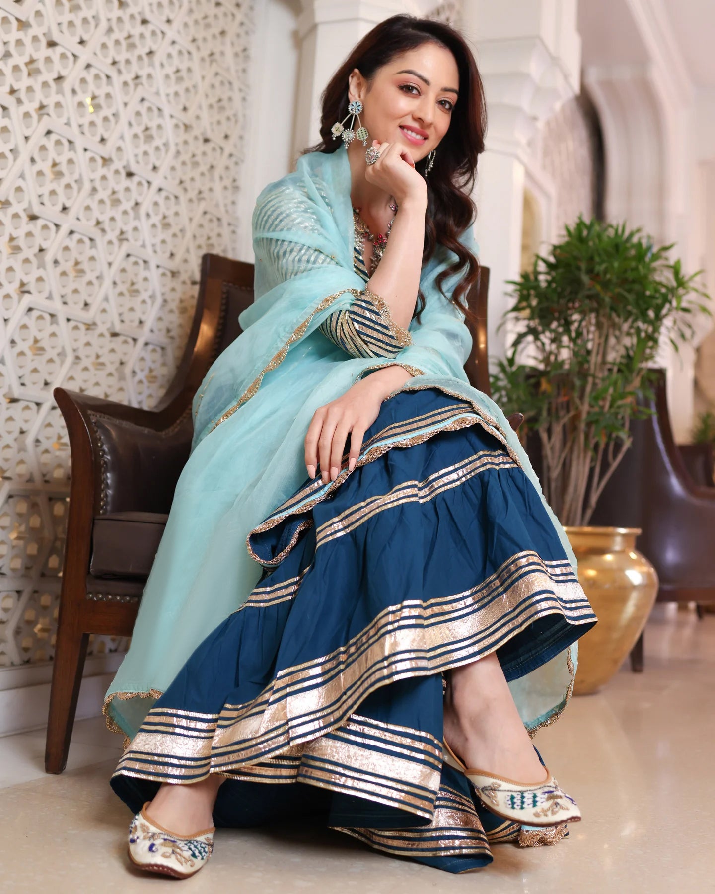 Readymade Rayon Cotton Peacock Blue Angrakha Kurti Sharara With Dupatta