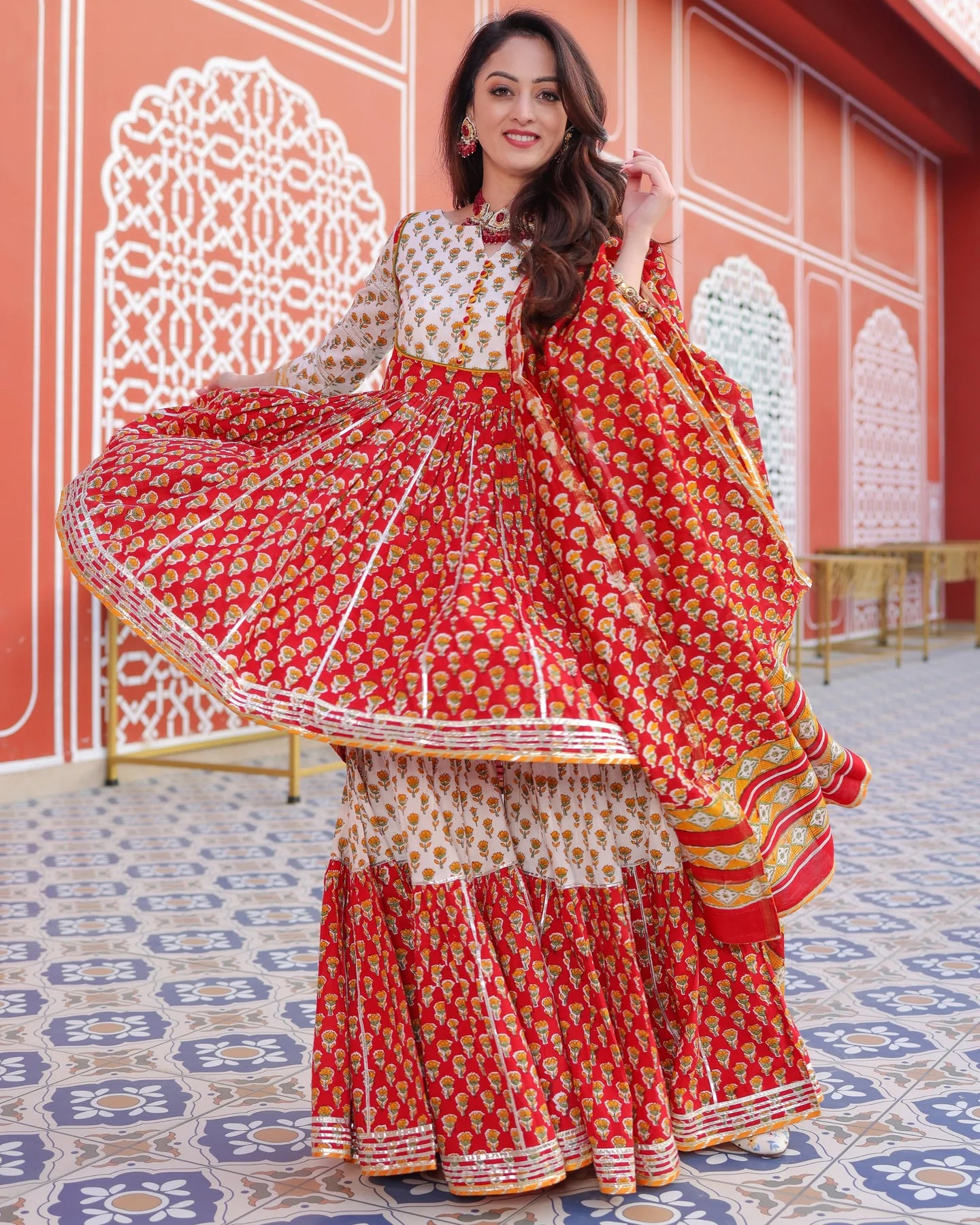 Readymade Rayon White & Red Angrakha Kurti Sharara With Dupatta