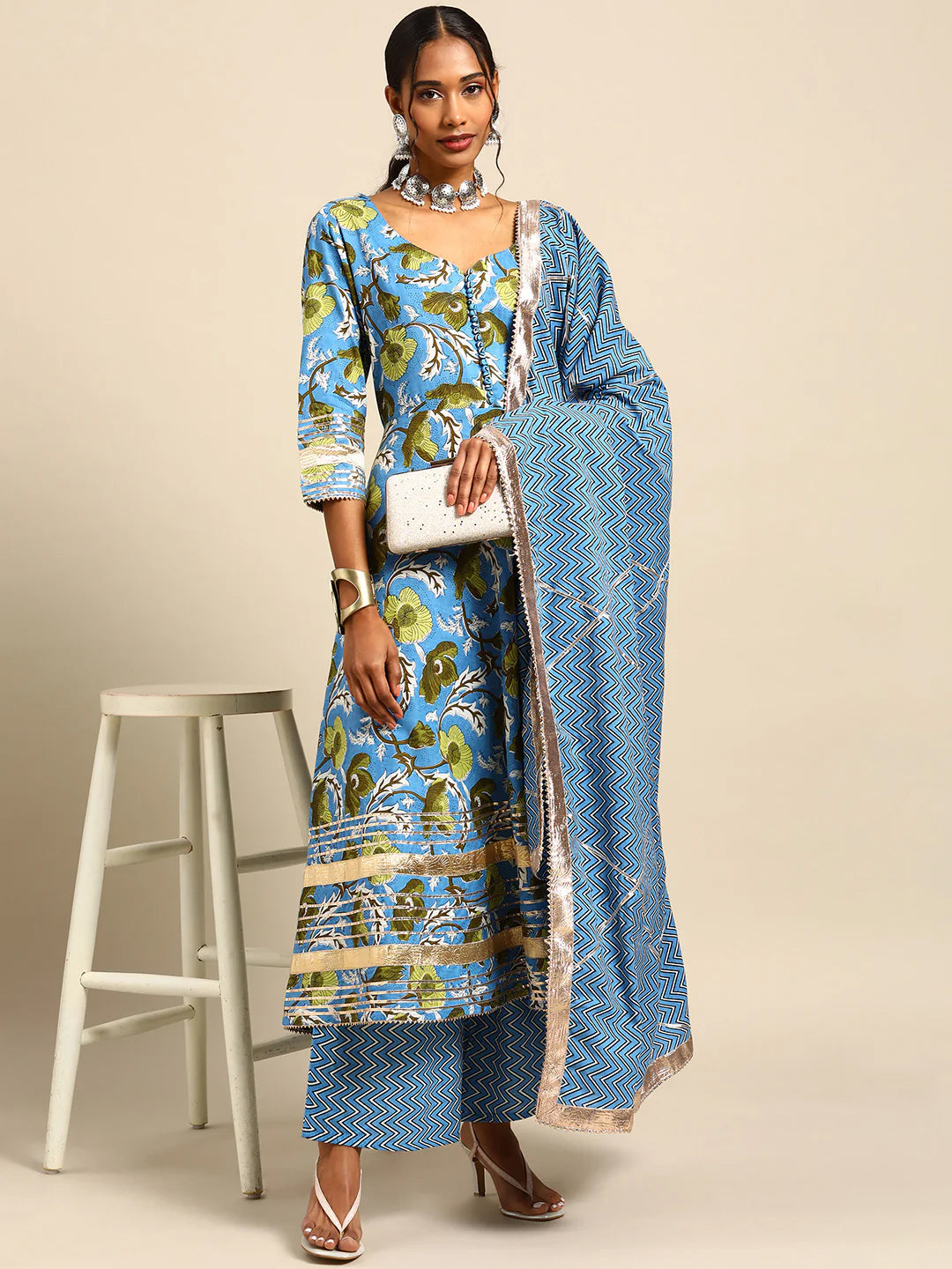 Readymade Rayon Aqua Blue A-Line Kurti Palazzo With Dupatta