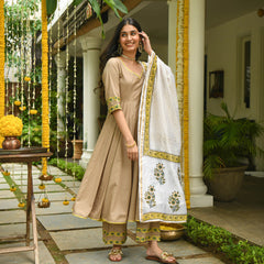 Light Brown Colored Rayon Solid Anarkali Kurta Set With Palazzo Dupatta