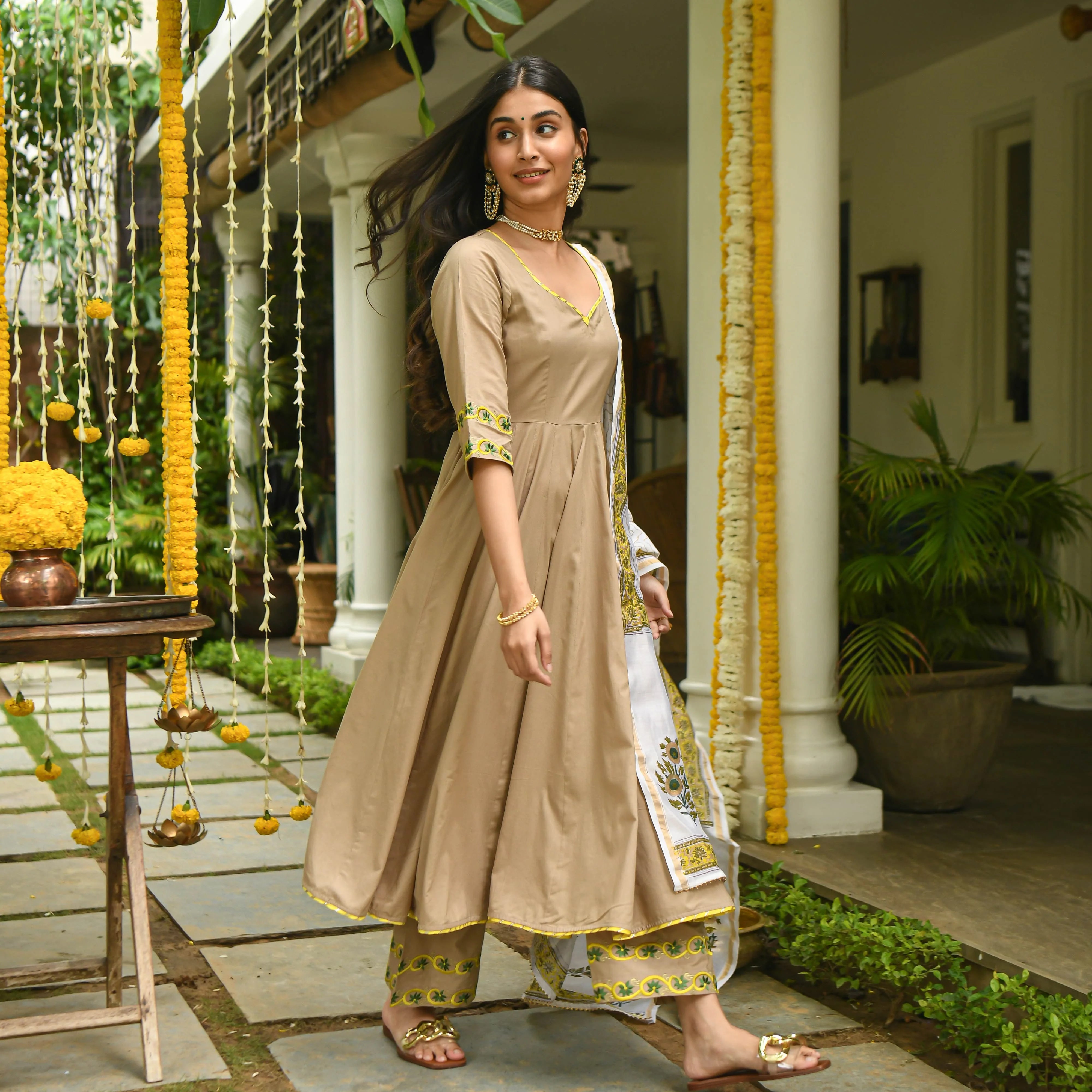 Light Brown Colored Rayon Solid Anarkali Kurta Set With Palazzo Dupatta