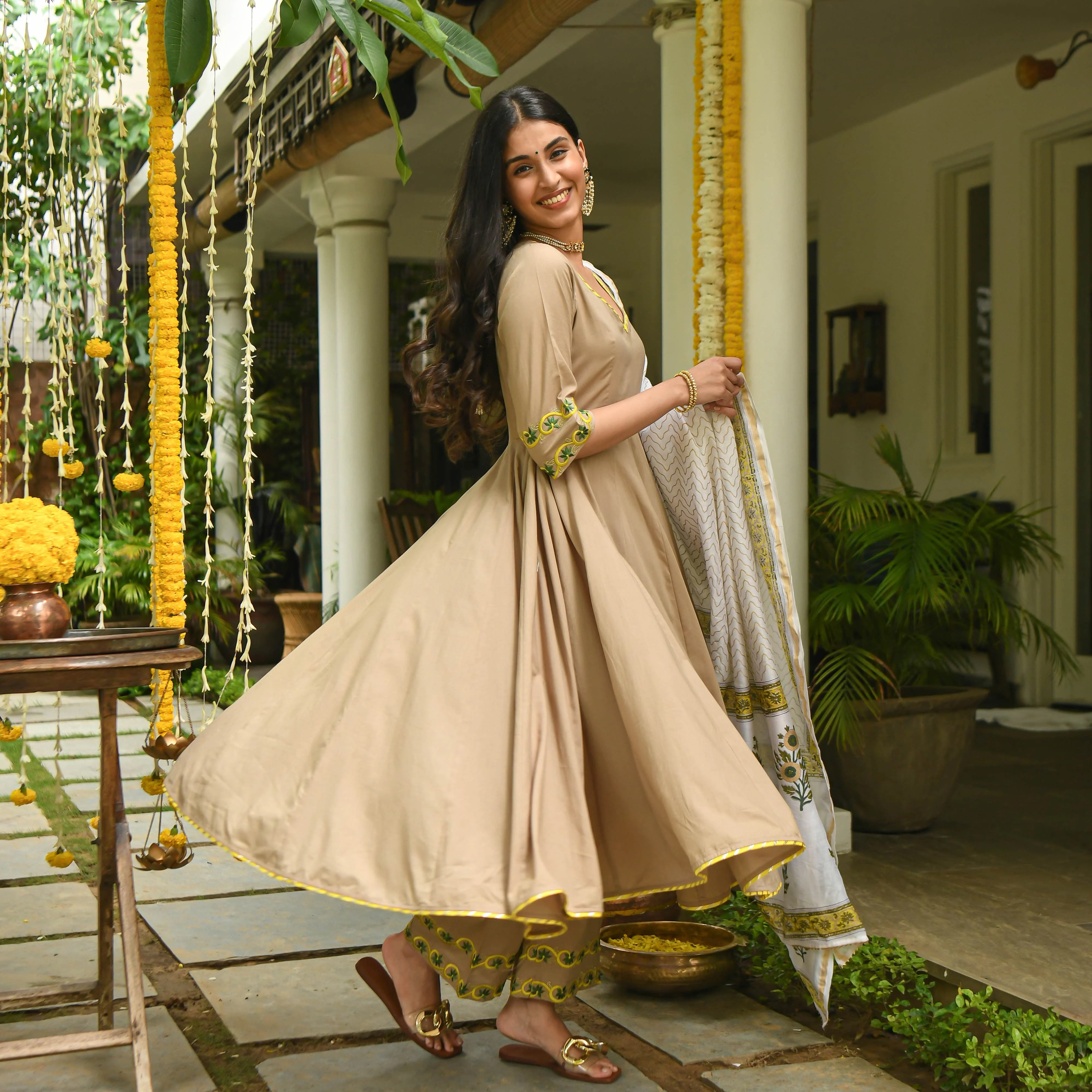 Light Brown Colored Rayon Solid Anarkali Kurta Set With Palazzo Dupatta