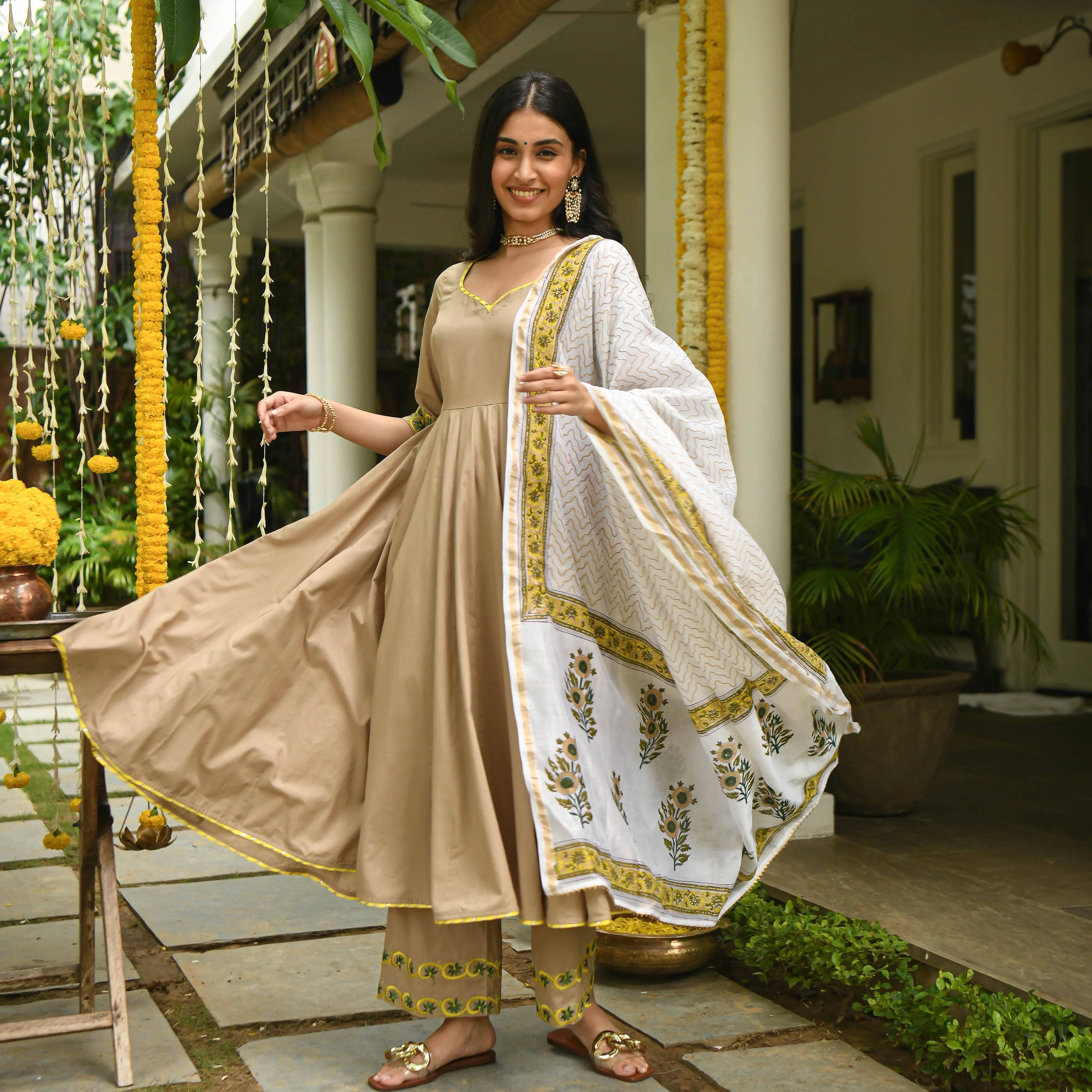 Light Brown Colored Rayon Solid Anarkali Kurta Set With Palazzo Dupatta