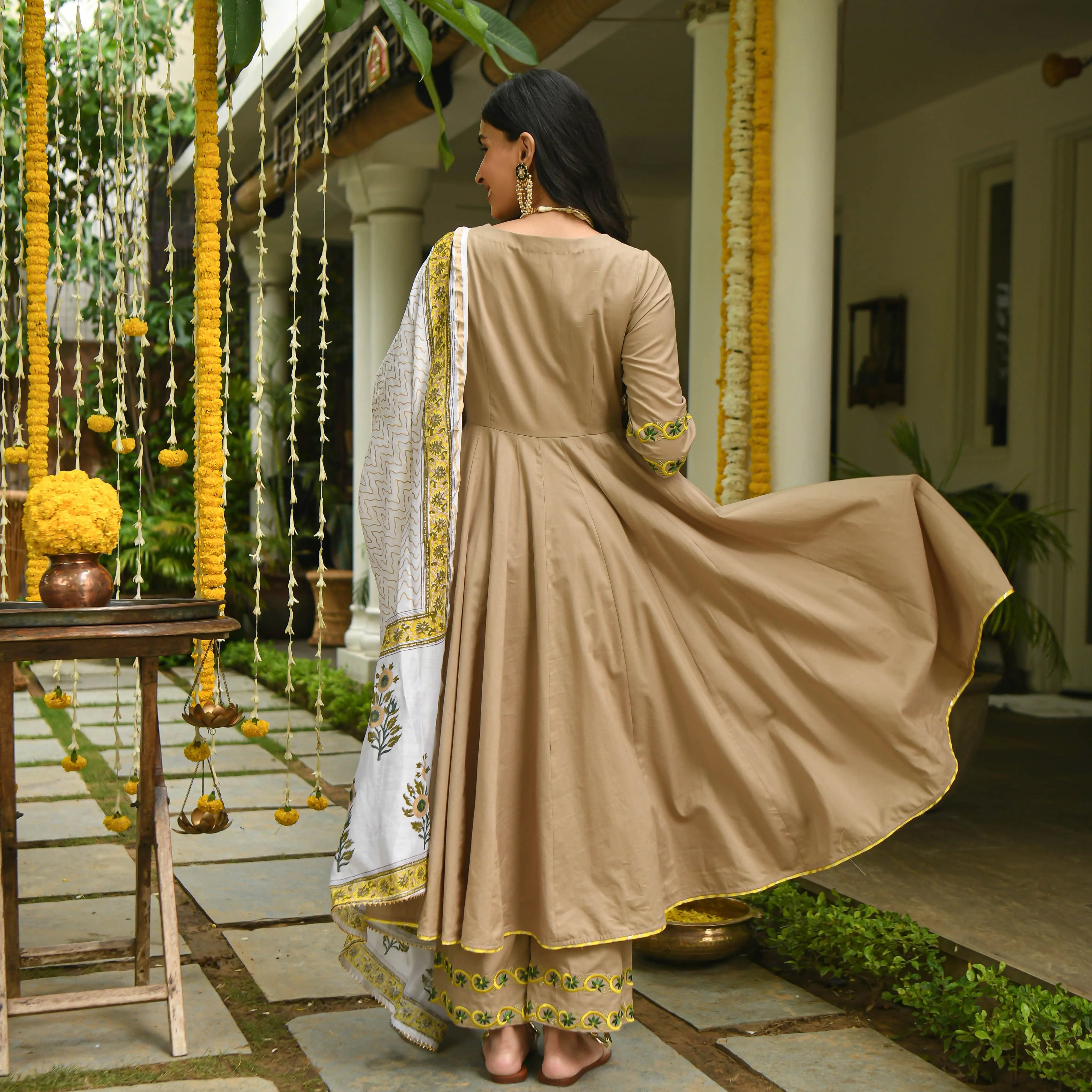 Light Brown Colored Rayon Solid Anarkali Kurta Set With Palazzo Dupatta