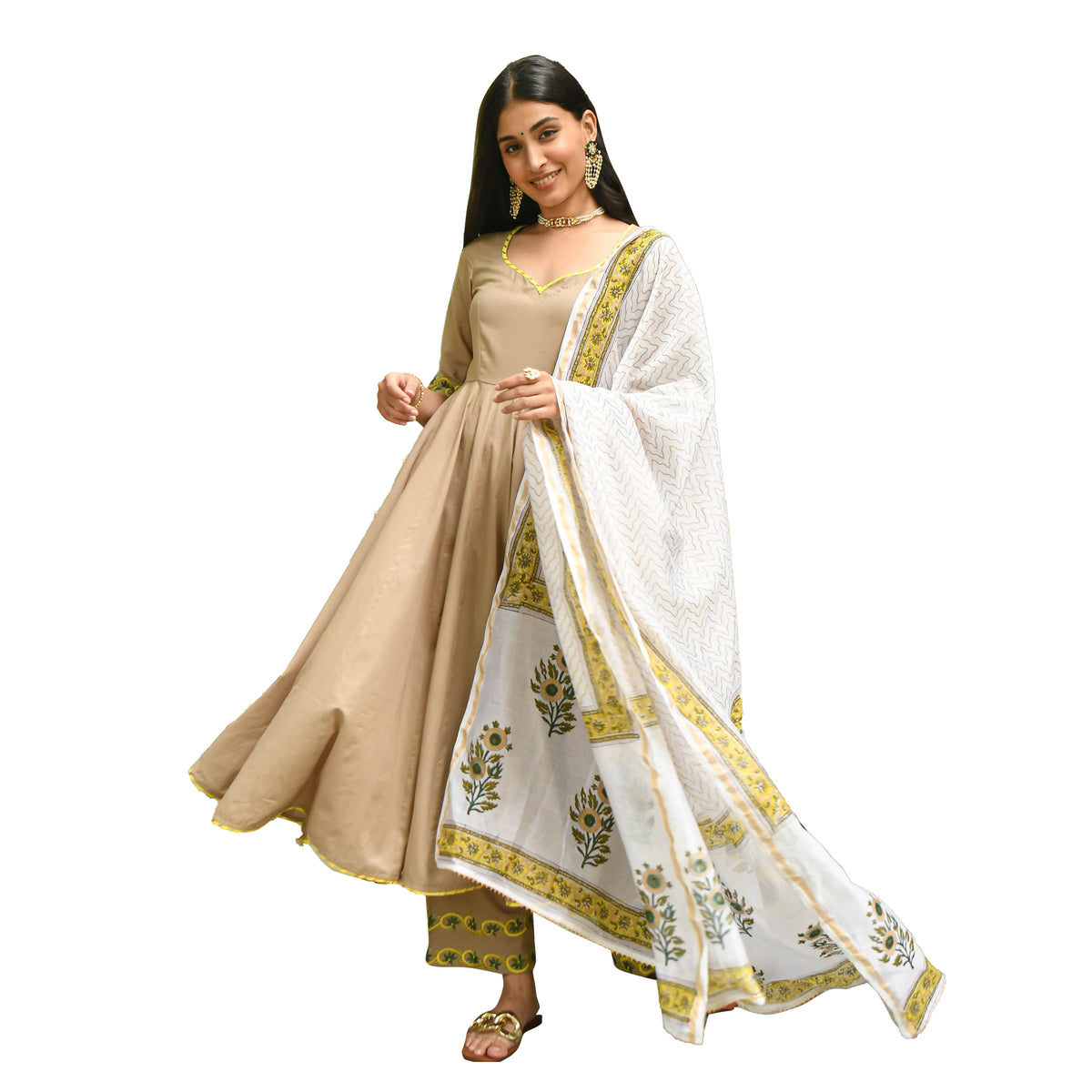 Light Brown Colored Rayon Solid Anarkali Kurta Set With Palazzo Dupatta