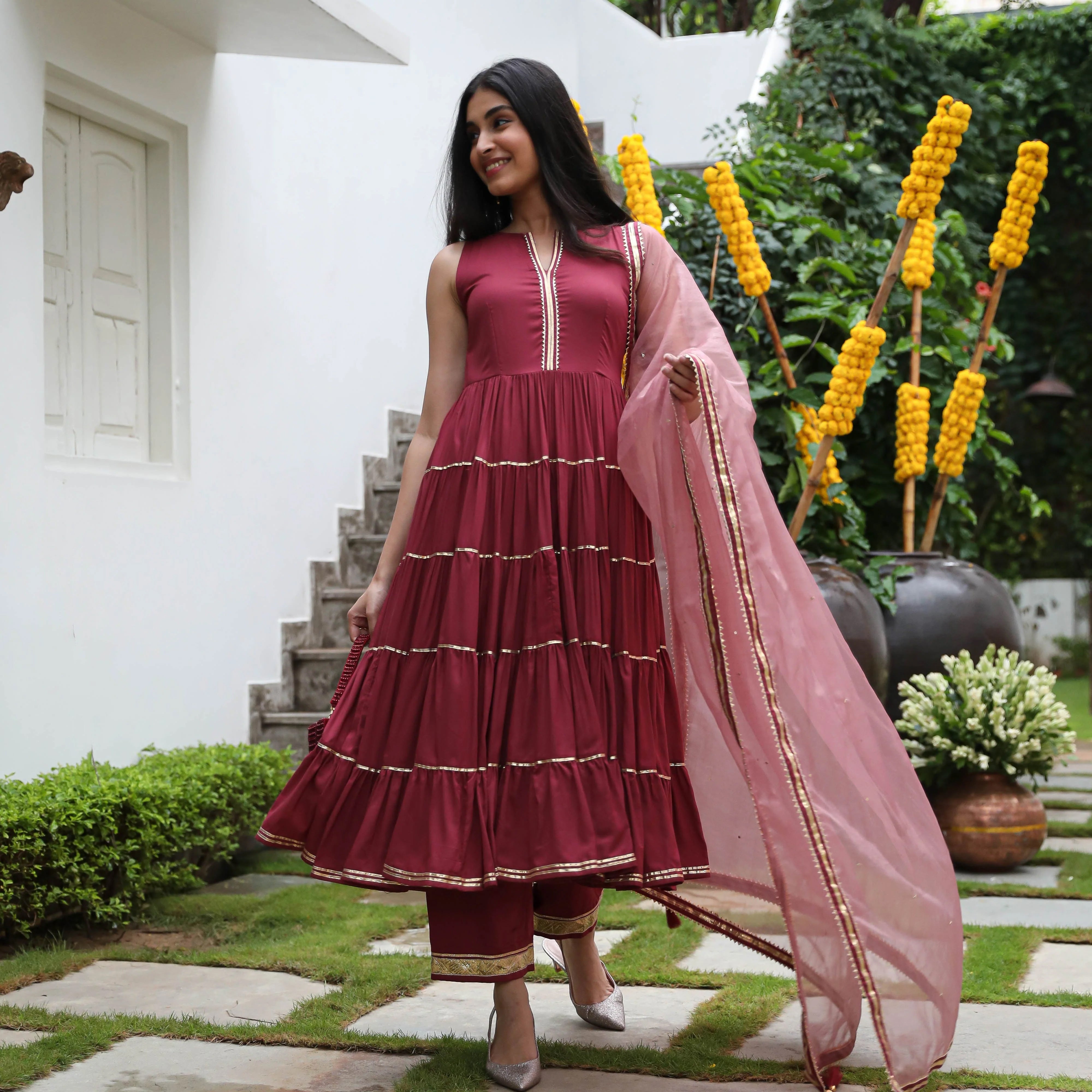 Wine Colored Rayon Solid Anarkali Kurta Set With Palazzo Dupatta