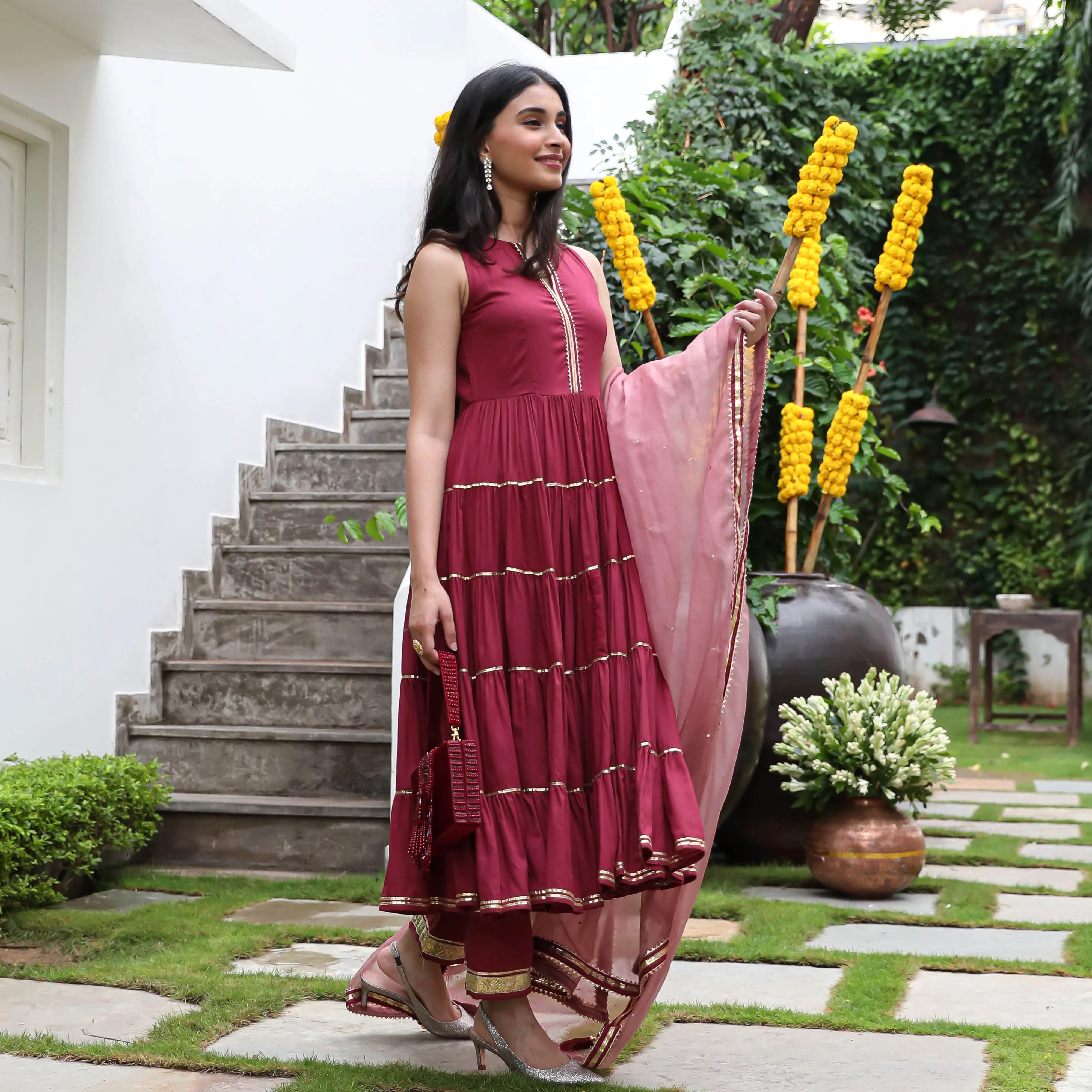 Wine Colored Rayon Solid Anarkali Kurta Set With Palazzo Dupatta