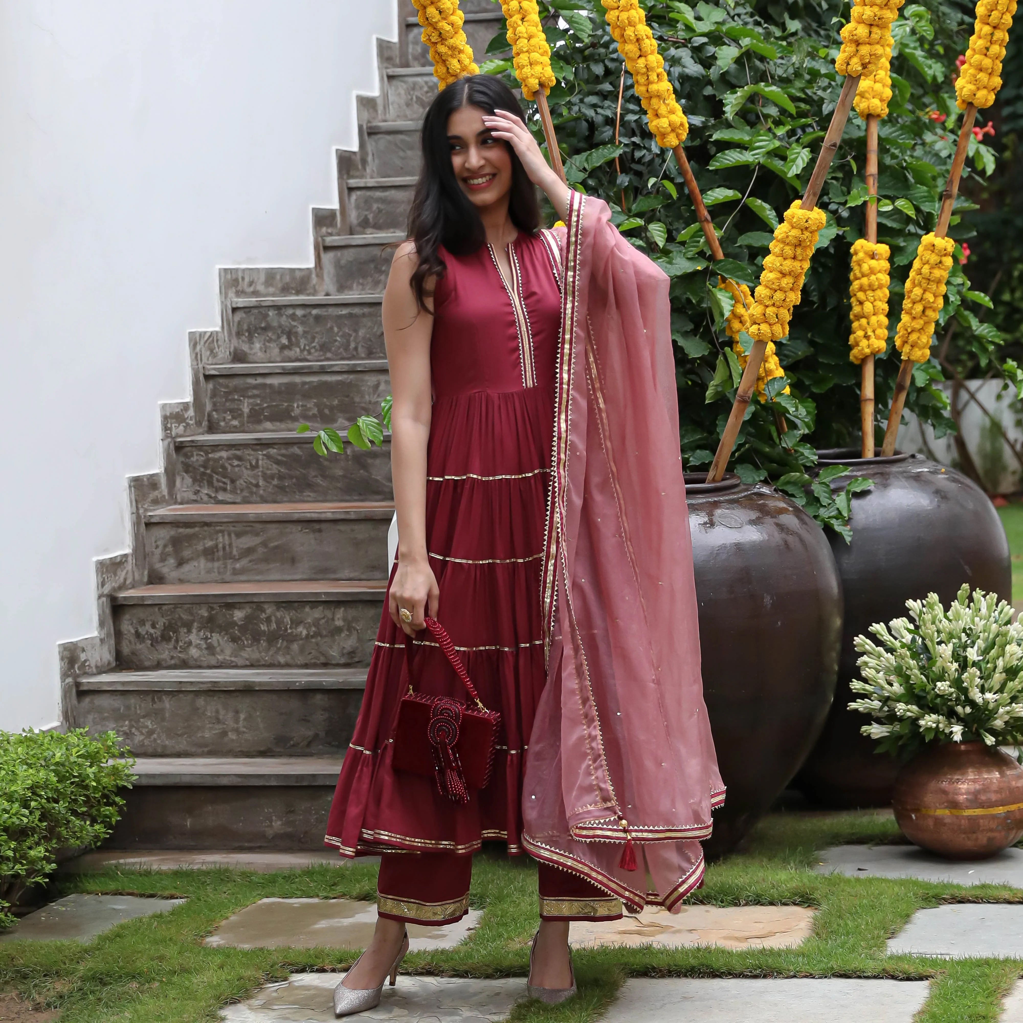 Wine Colored Rayon Solid Anarkali Kurta Set With Palazzo Dupatta