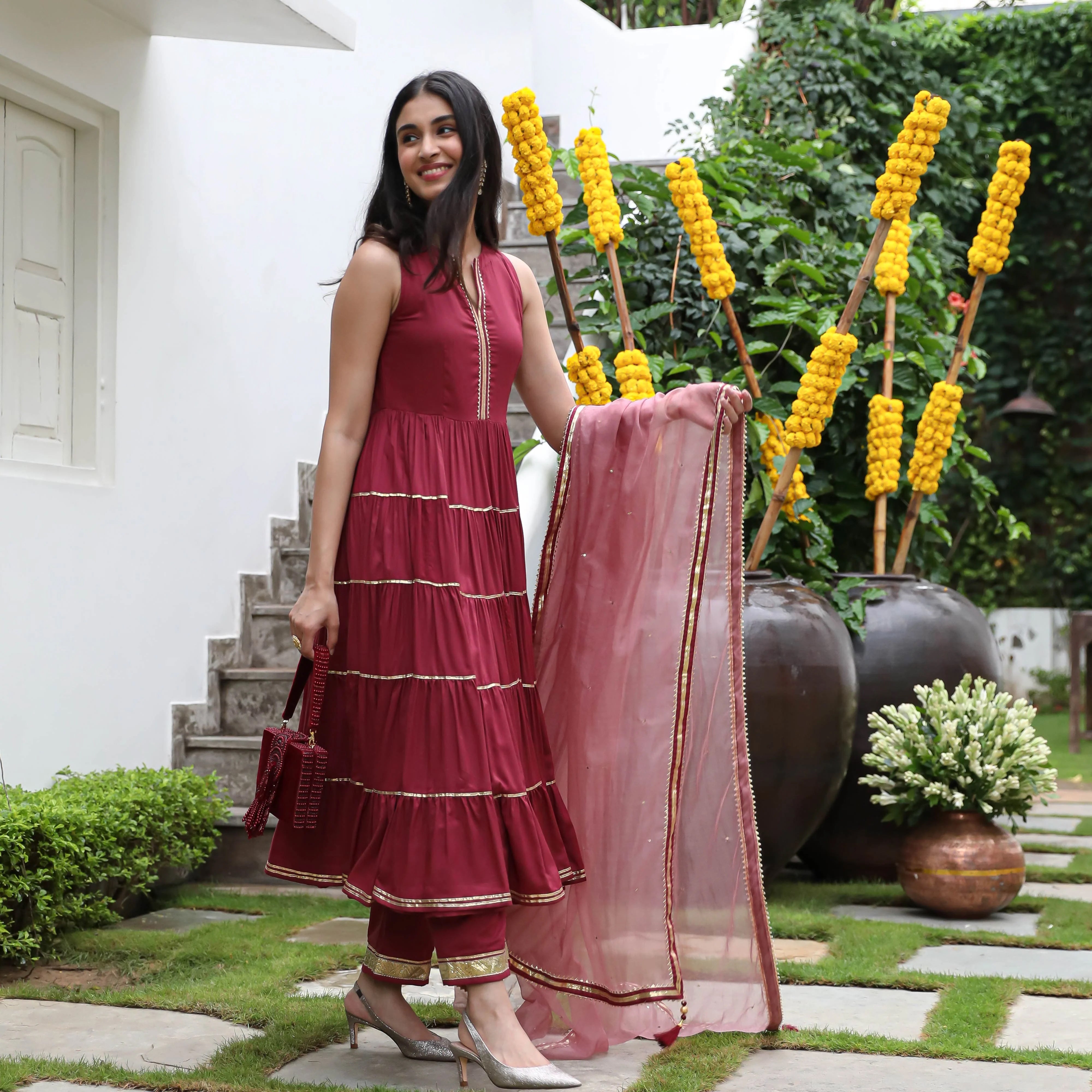 Wine Colored Rayon Solid Anarkali Kurta Set With Palazzo Dupatta