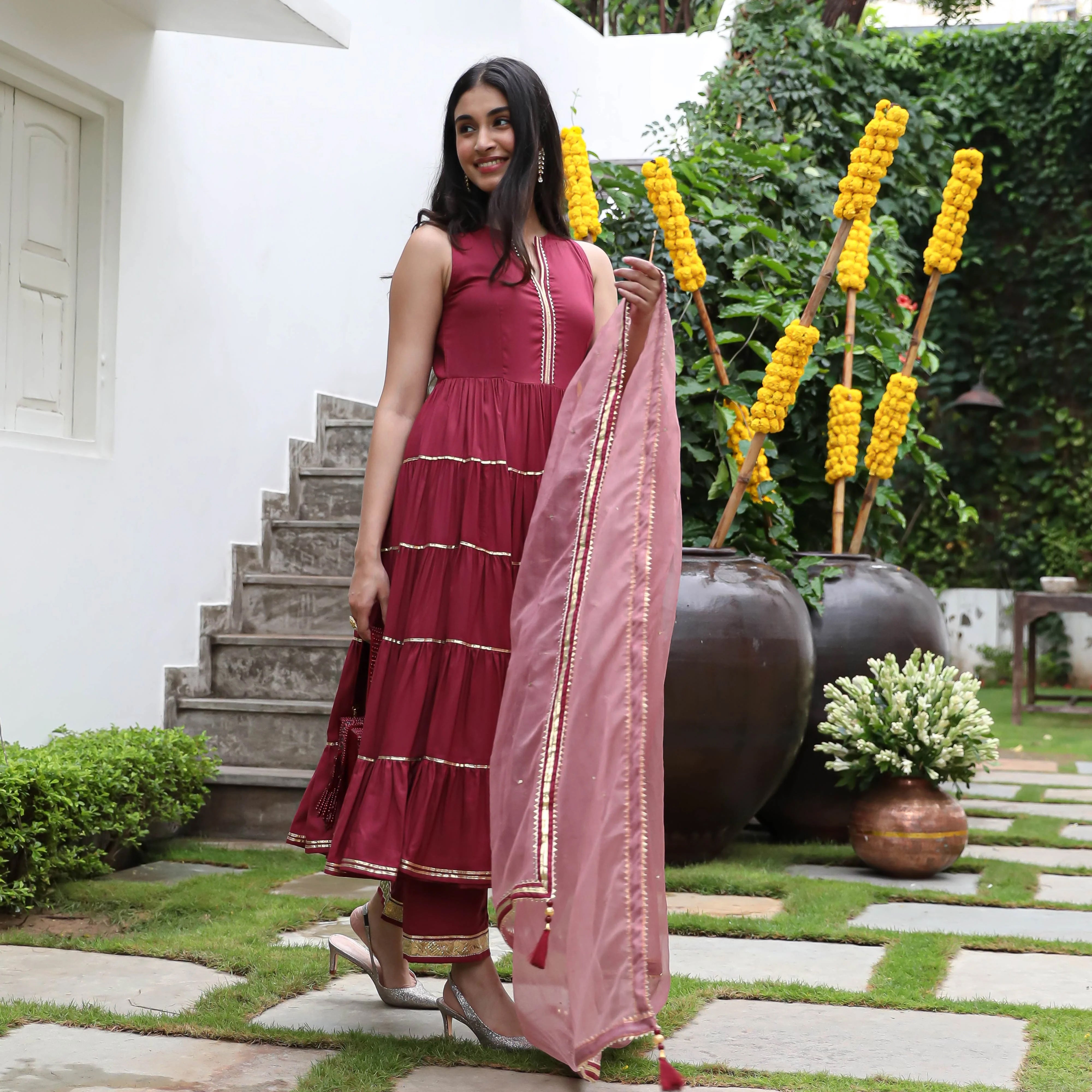 Wine Colored Rayon Solid Anarkali Kurta Set With Palazzo Dupatta