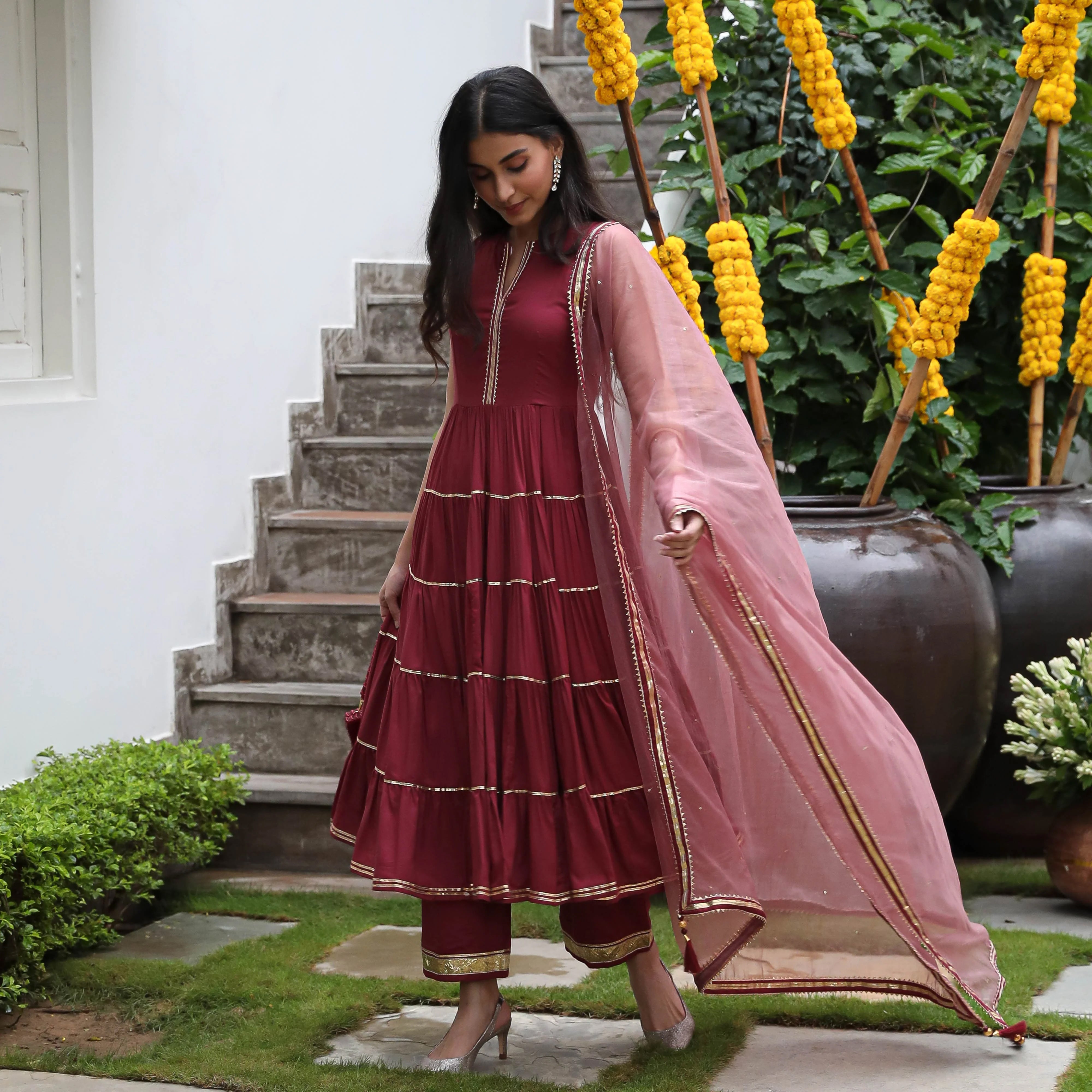 Wine Colored Rayon Solid Anarkali Kurta Set With Palazzo Dupatta