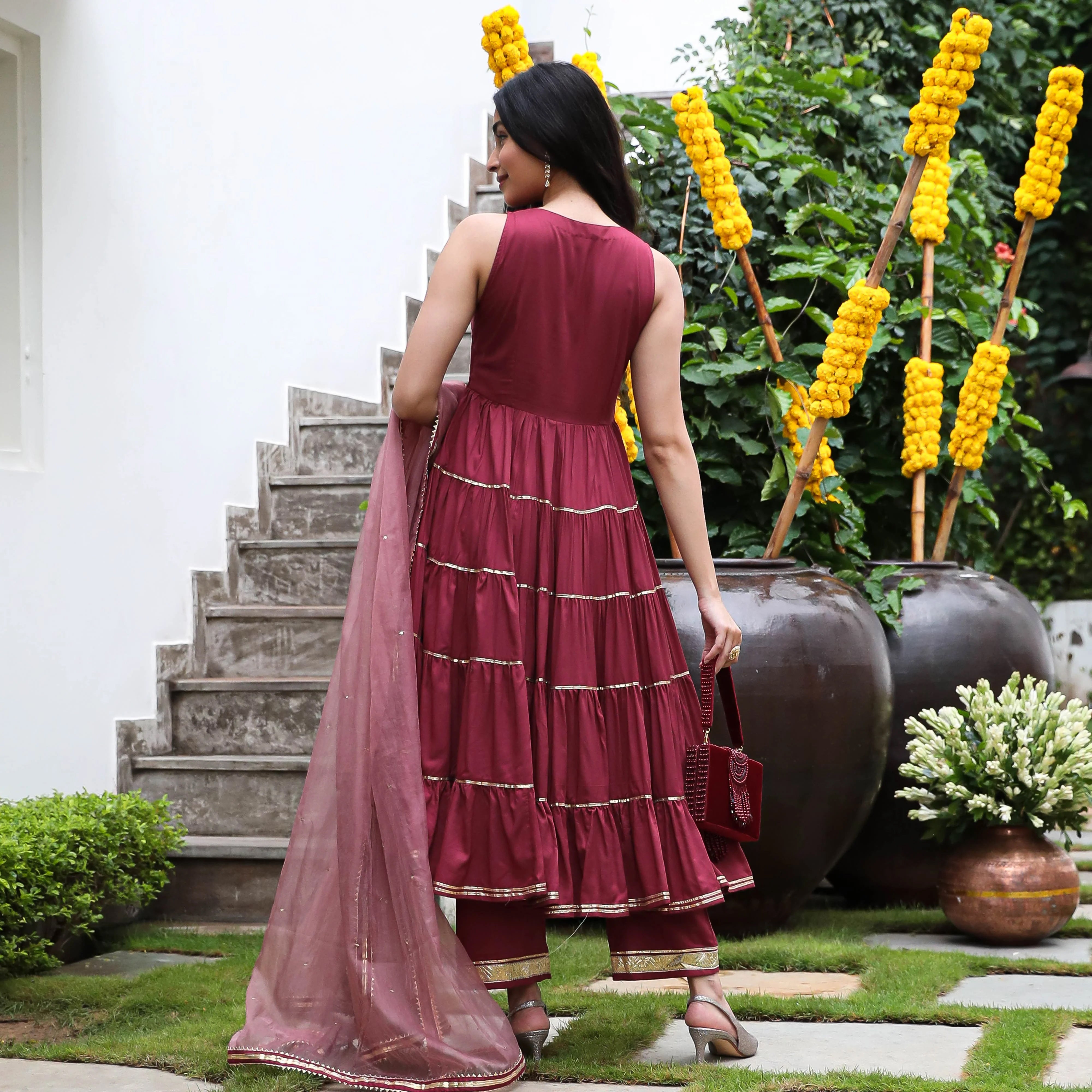 Wine Colored Rayon Solid Anarkali Kurta Set With Palazzo Dupatta