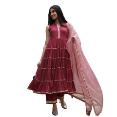 Wine Colored Rayon Solid Anarkali Kurta Set With Palazzo Dupatta