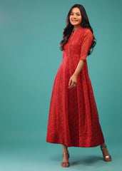 Red Colored Georgette Bandhani Print A-Line Dress