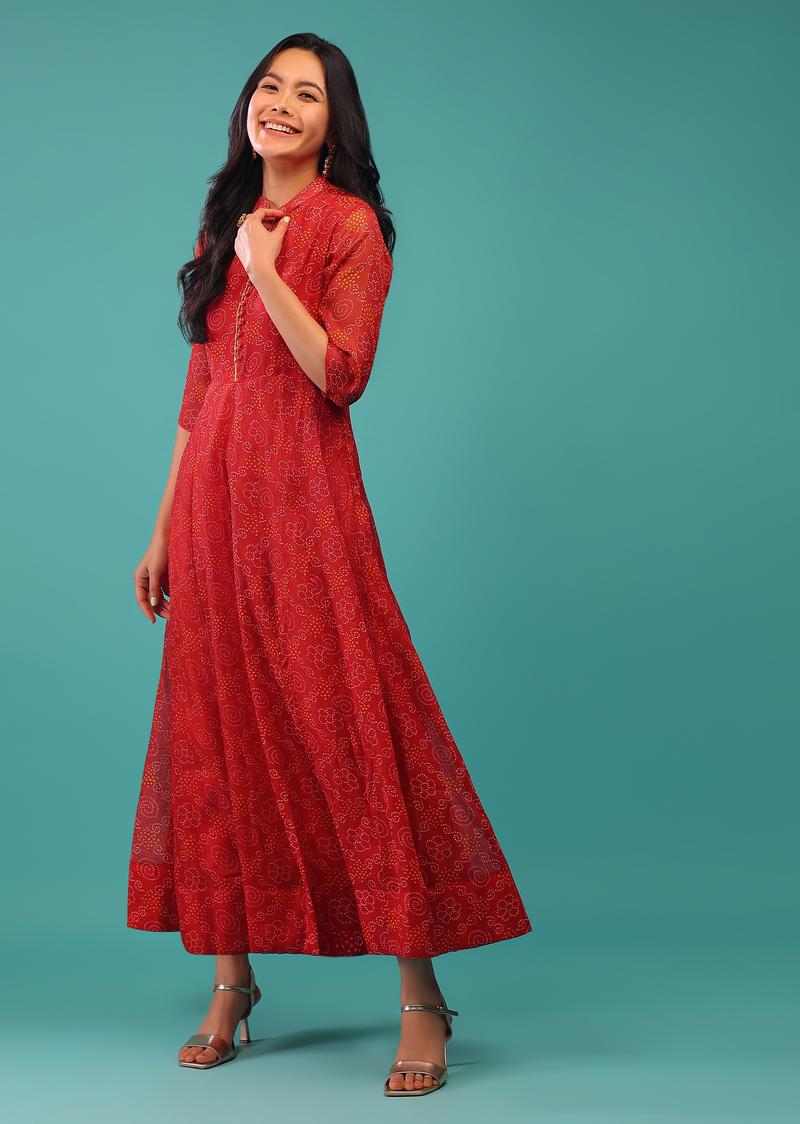 Red Colored Georgette Bandhani Print A-Line Dress