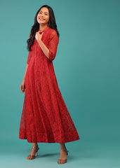 Red Colored Georgette Bandhani Print A-Line Dress