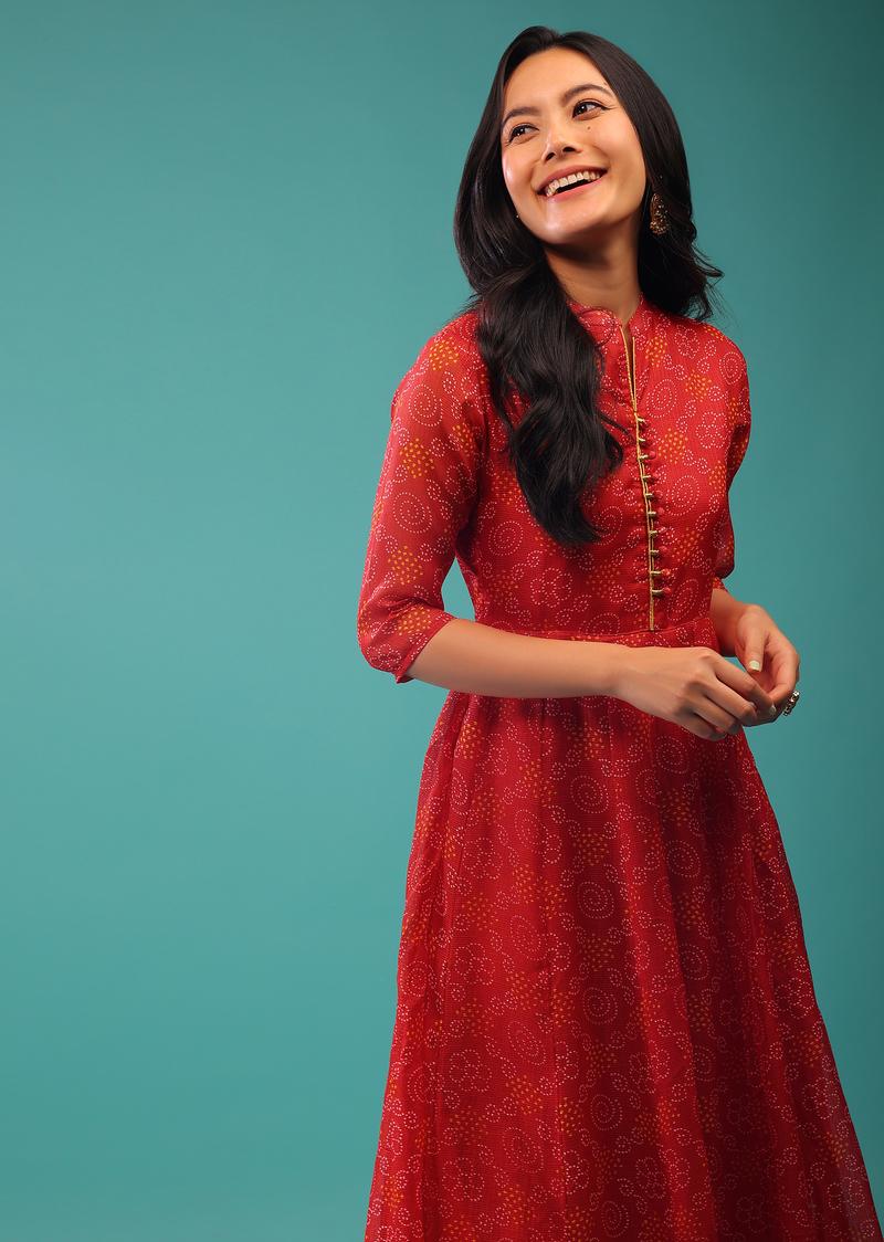 Red Colored Georgette Bandhani Print A-Line Dress