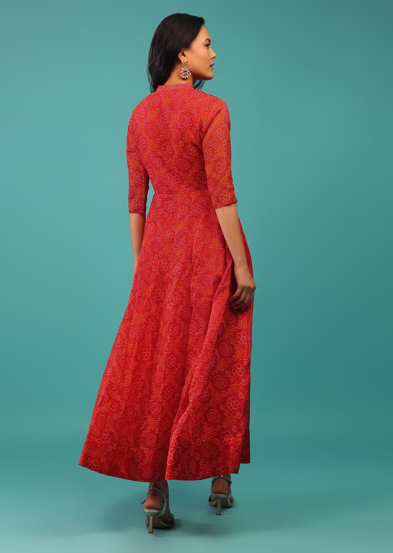 Red Colored Georgette Bandhani Print A-Line Dress