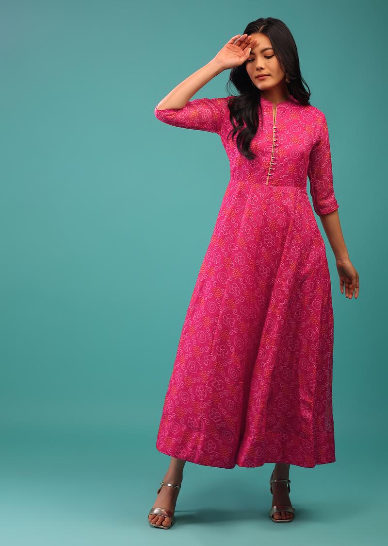 Pink Colored Georgette Bandhani Print A-Line Dress