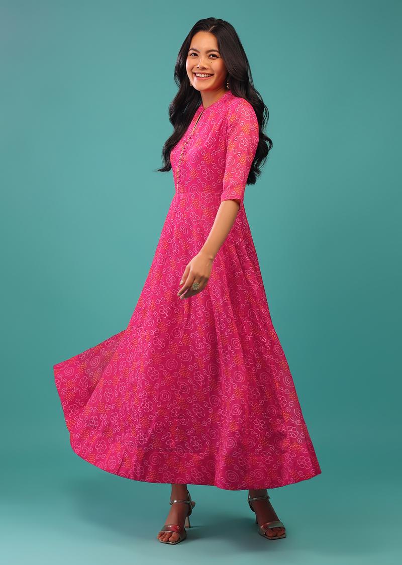 Pink Colored Georgette Bandhani Print A-Line Dress