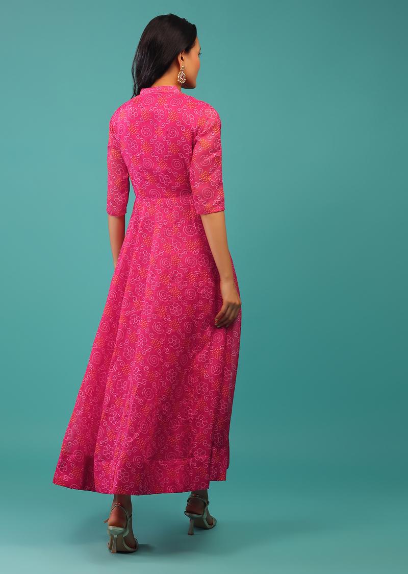 Pink Colored Georgette Bandhani Print A-Line Dress