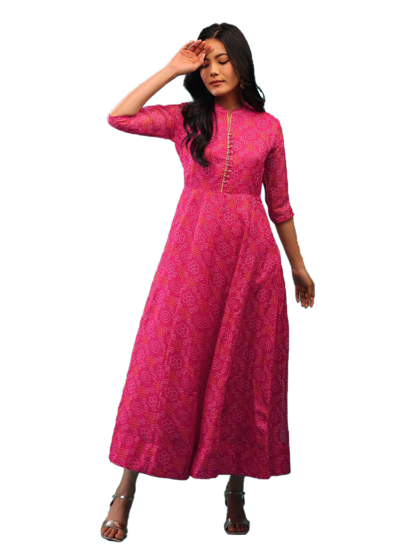 Pink Colored Georgette Bandhani Print A-Line Dress