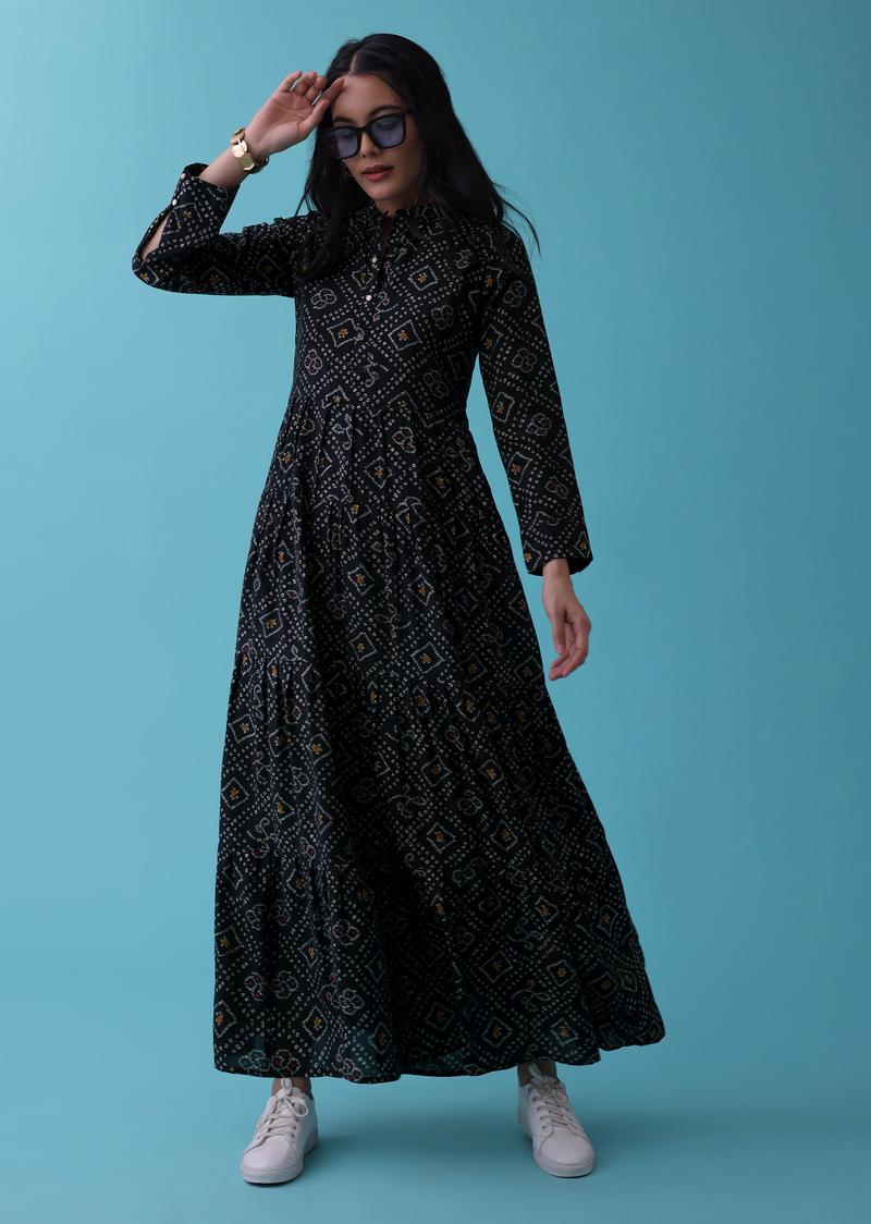 Black Colored Rayon Bandhani Print Anarkali Flared Dress