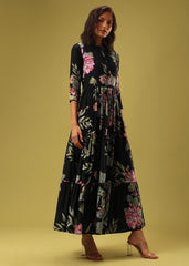 Black Colored Rayon Floral Print Anarkali Flared Dress