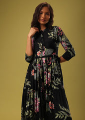 Black Colored Rayon Floral Print Anarkali Flared Dress