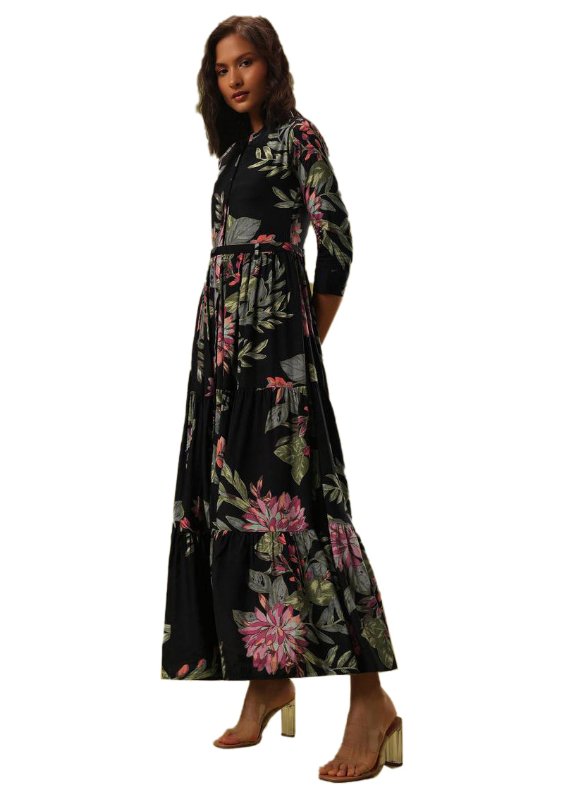 Black Colored Rayon Floral Print Anarkali Flared Dress