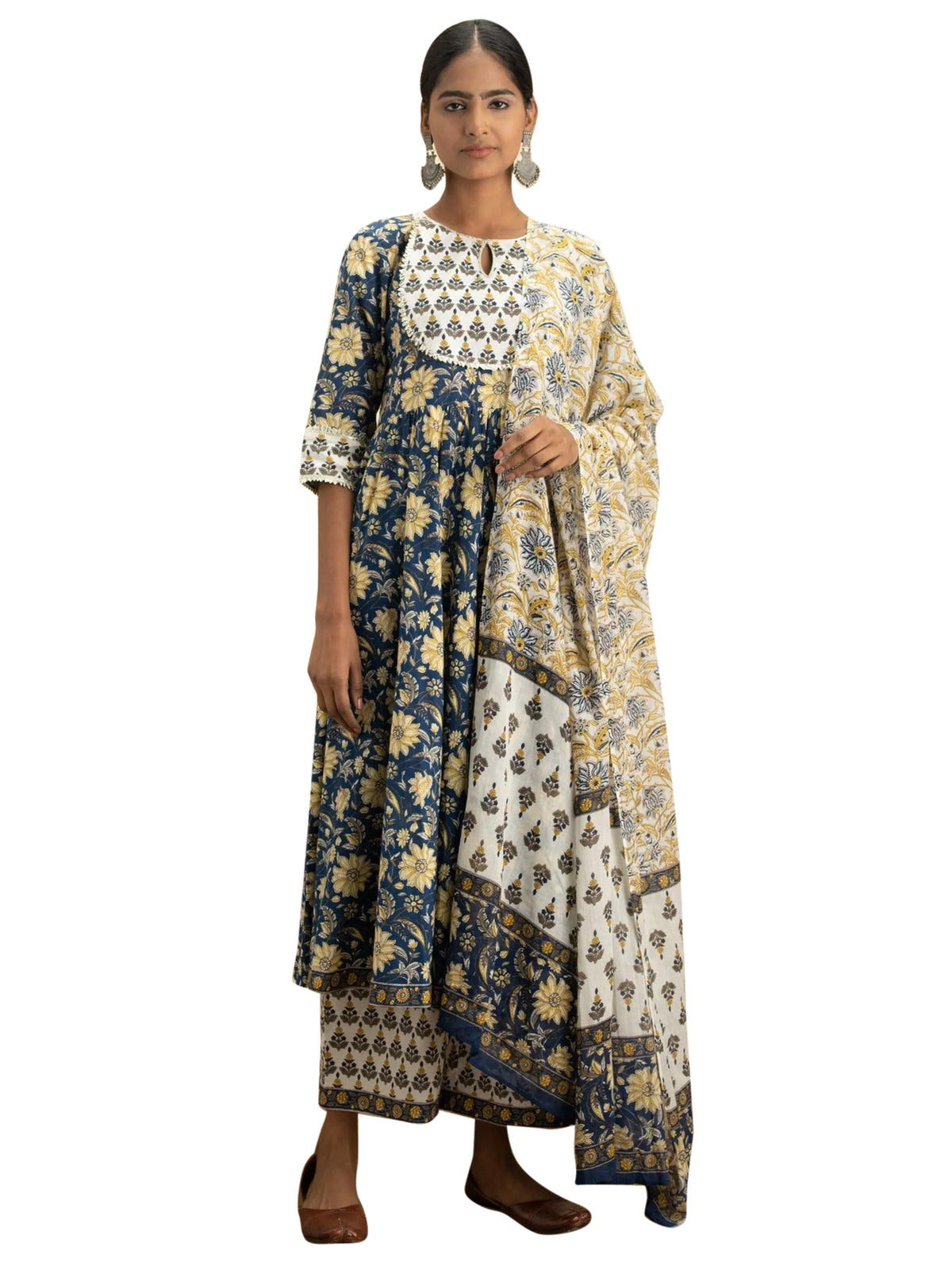 Blue Colored Rayon Floral Print Anarkali Kurta Set With Palazzo Dupatta