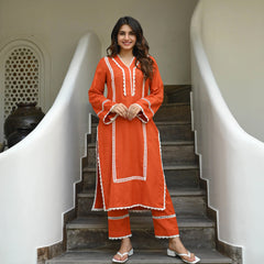 Rust Orange Colored Rayon Solid A-Line Kurta Set With Pant