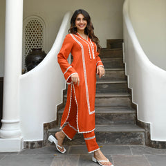 Rust Orange Colored Rayon Solid A-Line Kurta Set With Pant