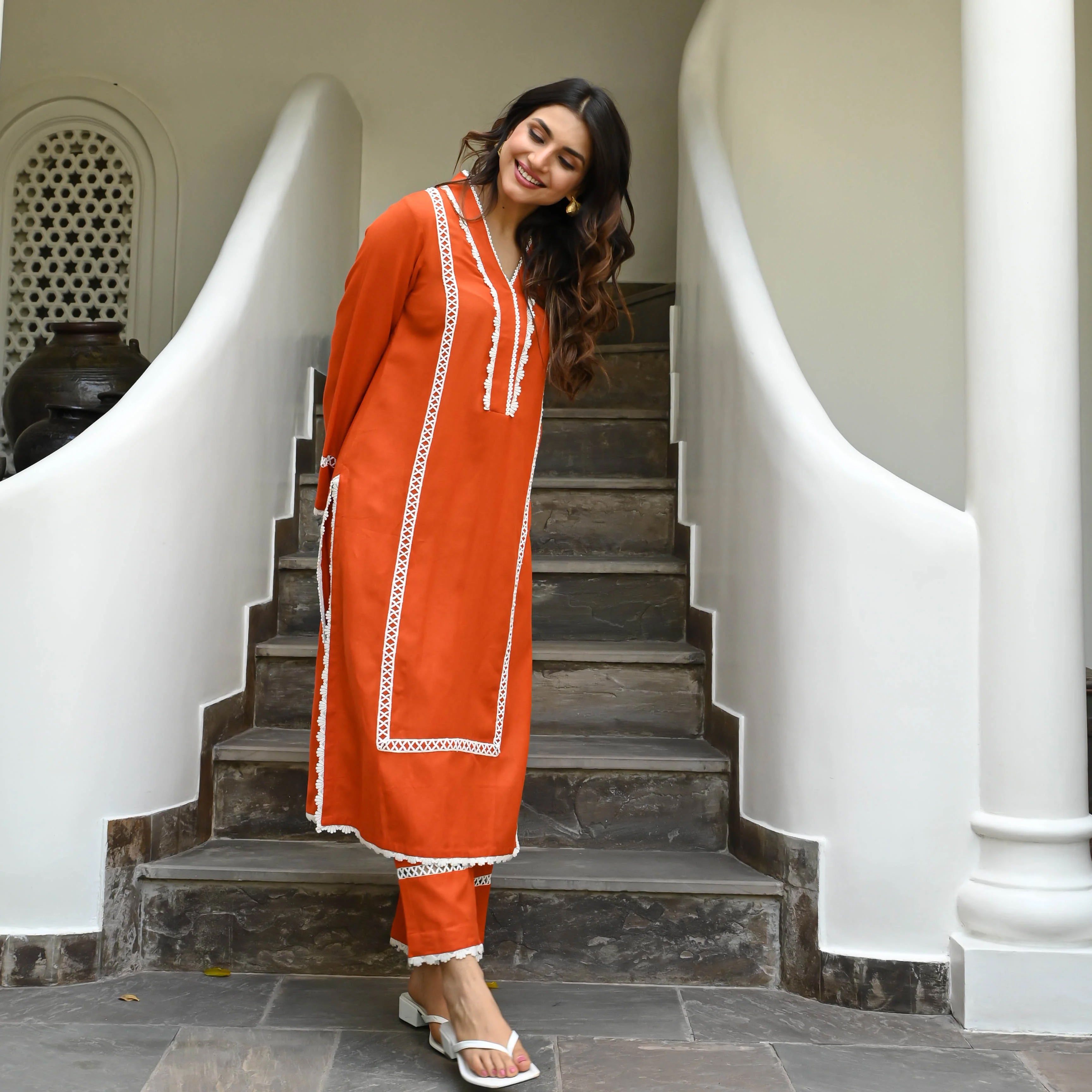 Rust Orange Colored Rayon Solid A-Line Kurta Set With Pant