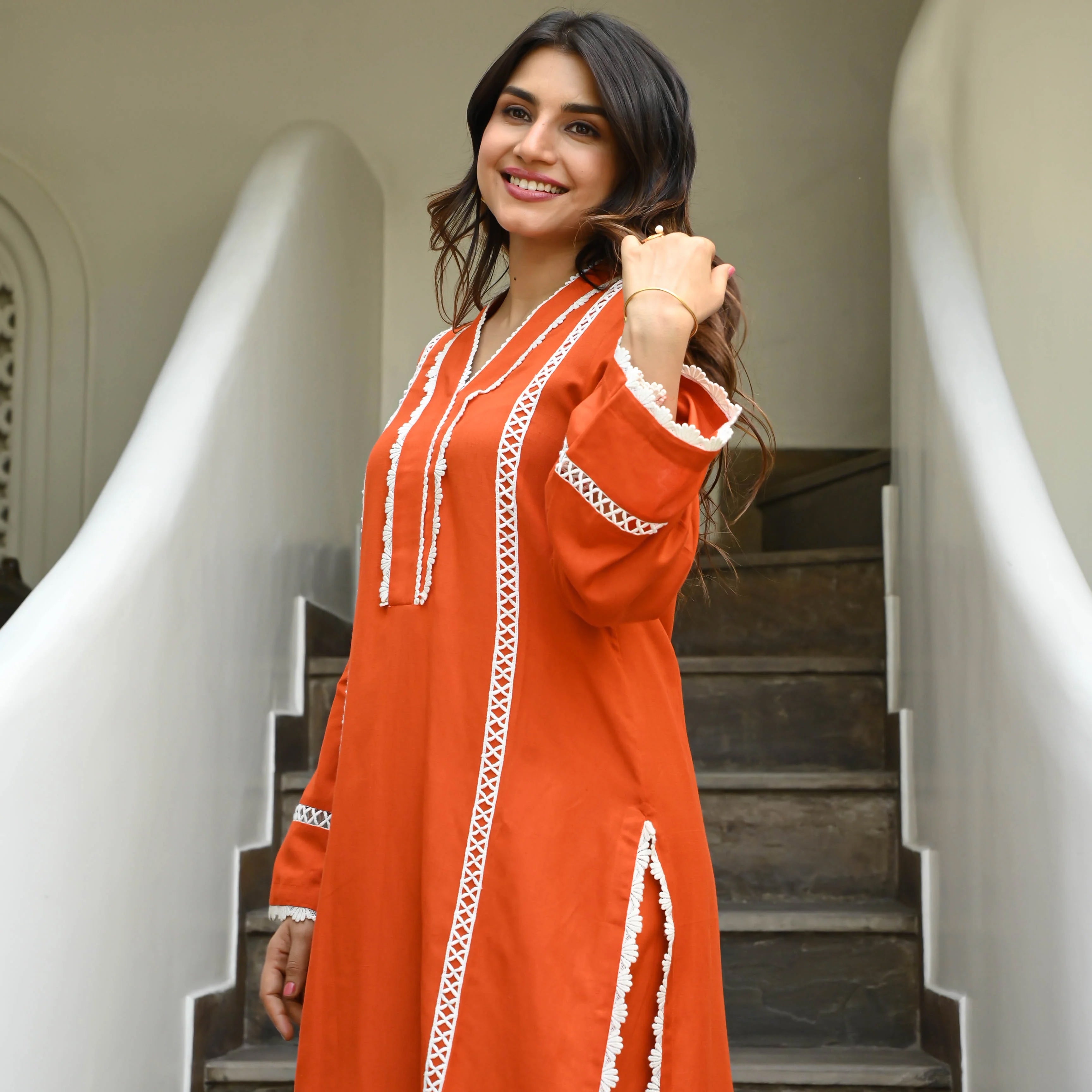 Rust Orange Colored Rayon Solid A-Line Kurta Set With Pant