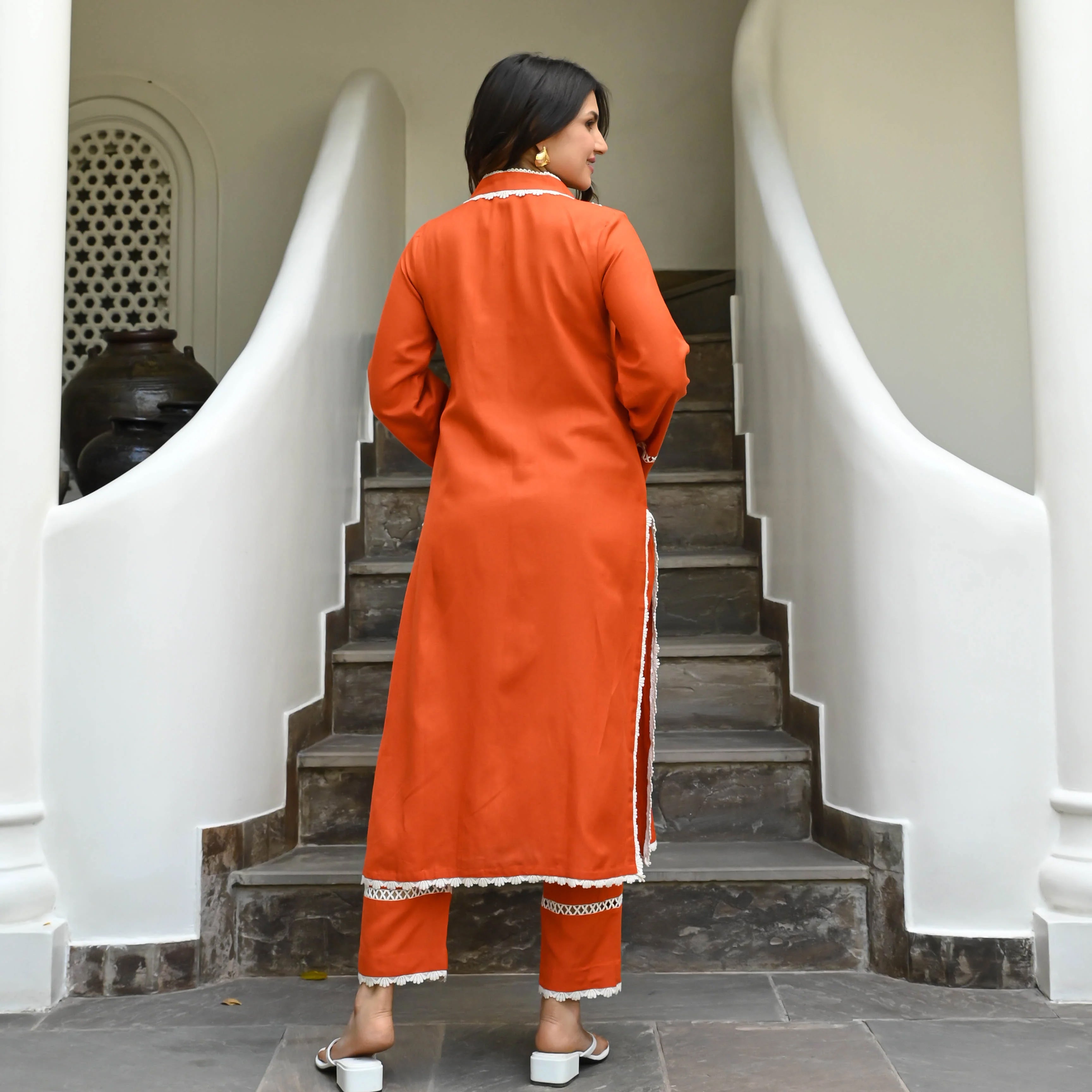 Rust Orange Colored Rayon Solid A-Line Kurta Set With Pant