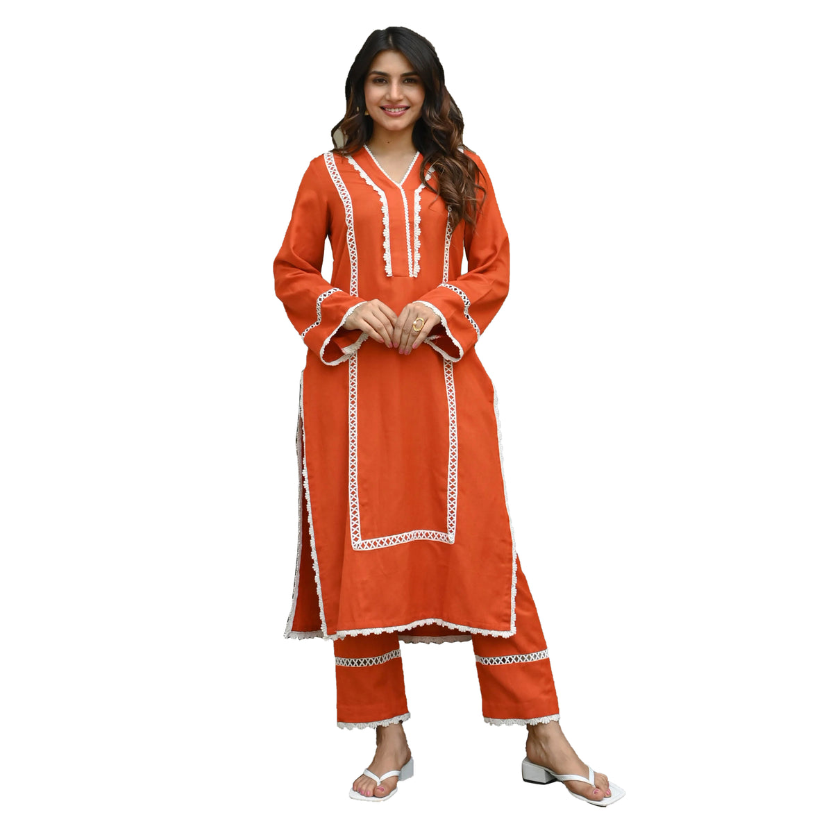 Rust Orange Colored Rayon Solid A-Line Kurta Set With Pant