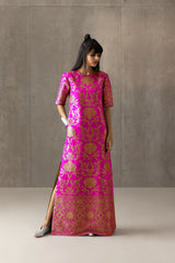 Ravishing Traditional Ethnic Pink Silk Zari Woven One Piece Maxi Dress