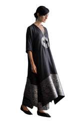 Black Grey Zari Woven Silk Blend Traditional Ethnic Kurta Set With Pant