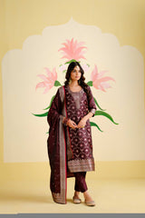 Wine Satin Silk Woven  Readymade Salwar Suit Set