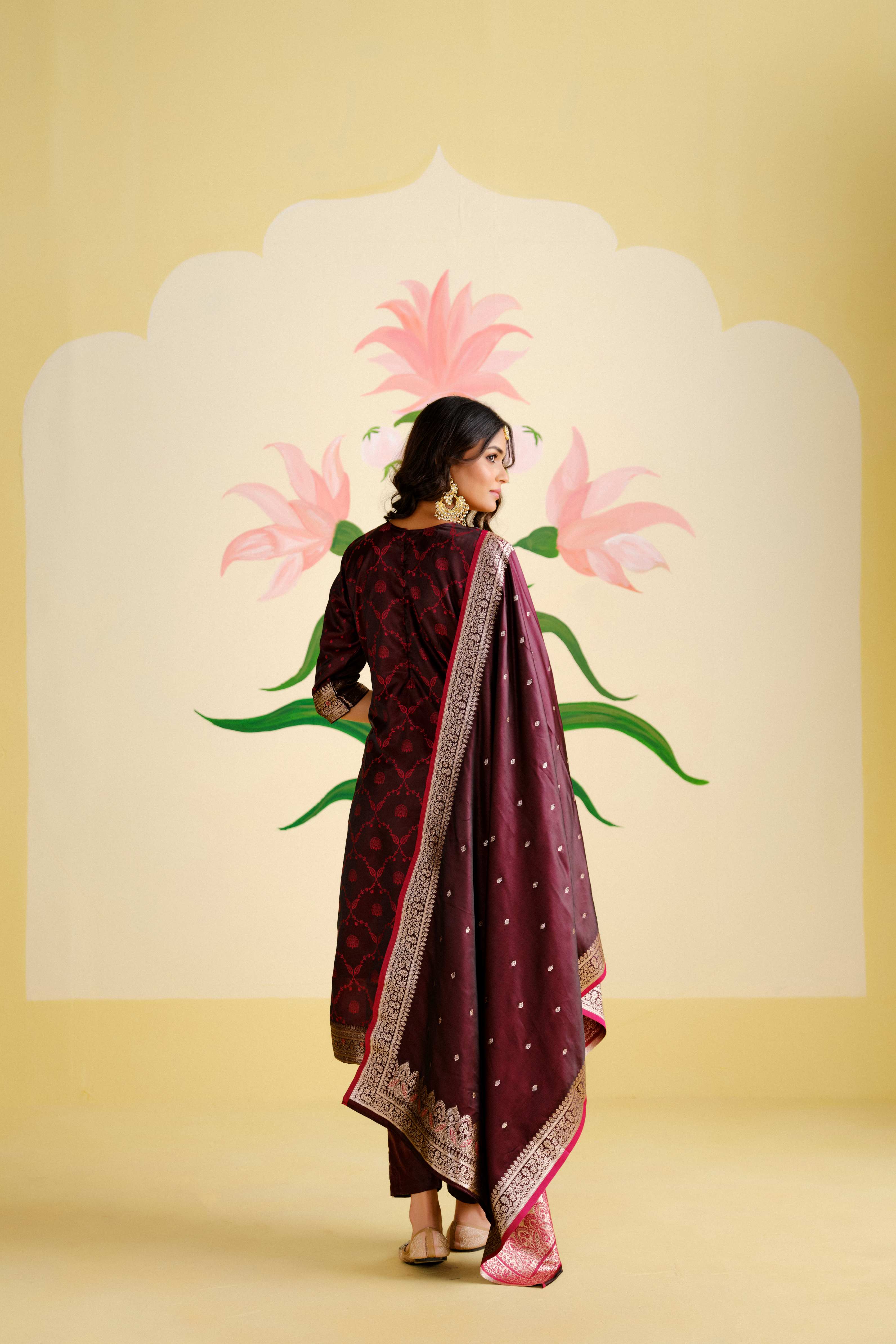 Wine Satin Silk Woven  Readymade Salwar Suit Set