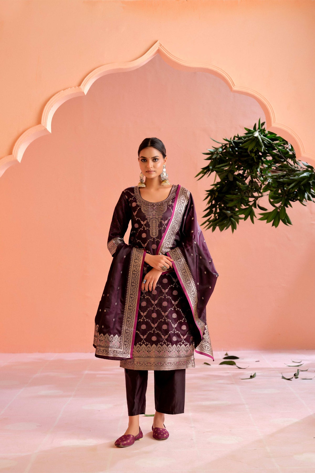 Purple Satin Silk Woven Readymade Salwar Suit Set