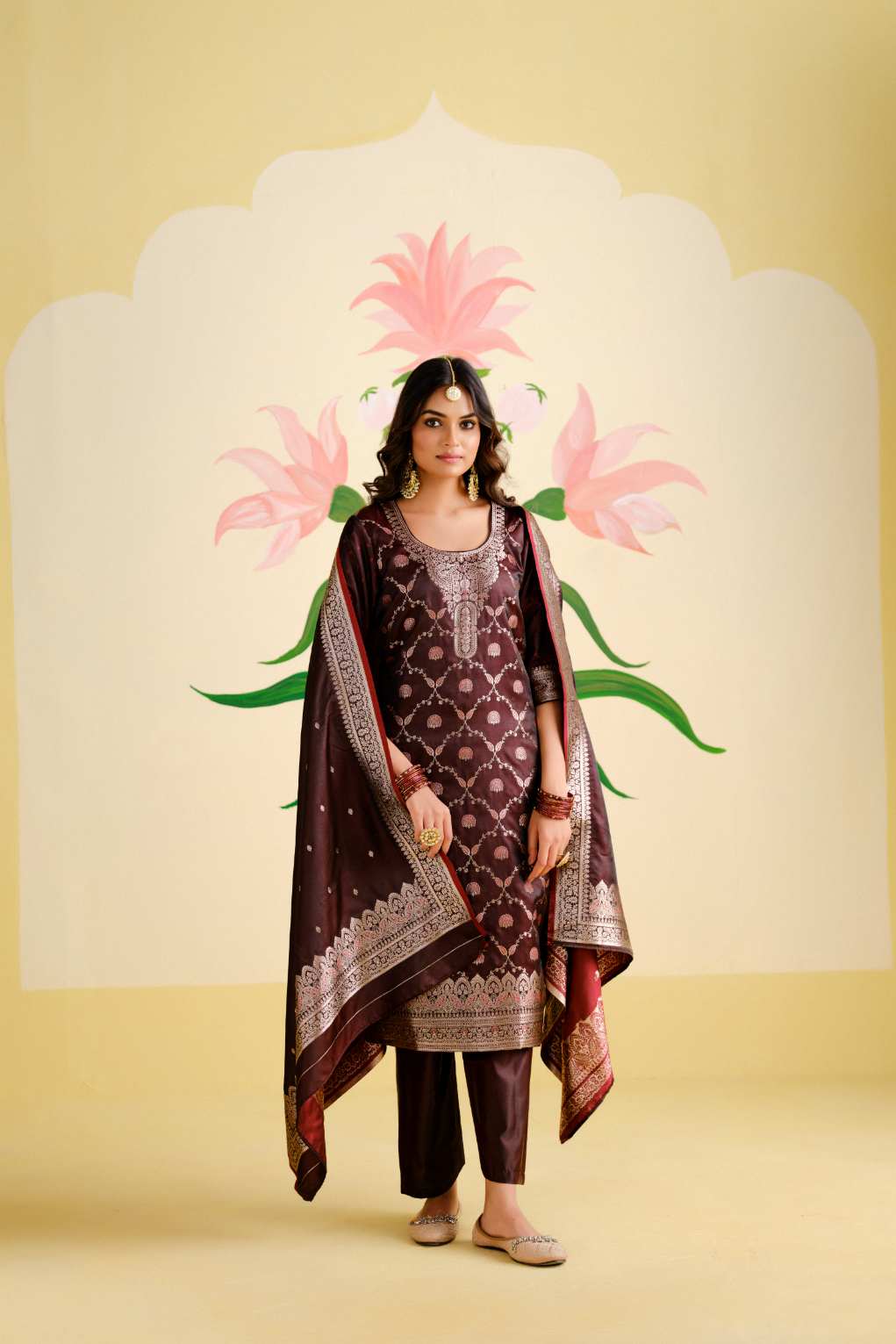 Maroon Satin Silk Woven Readymade Salwar Suit Set